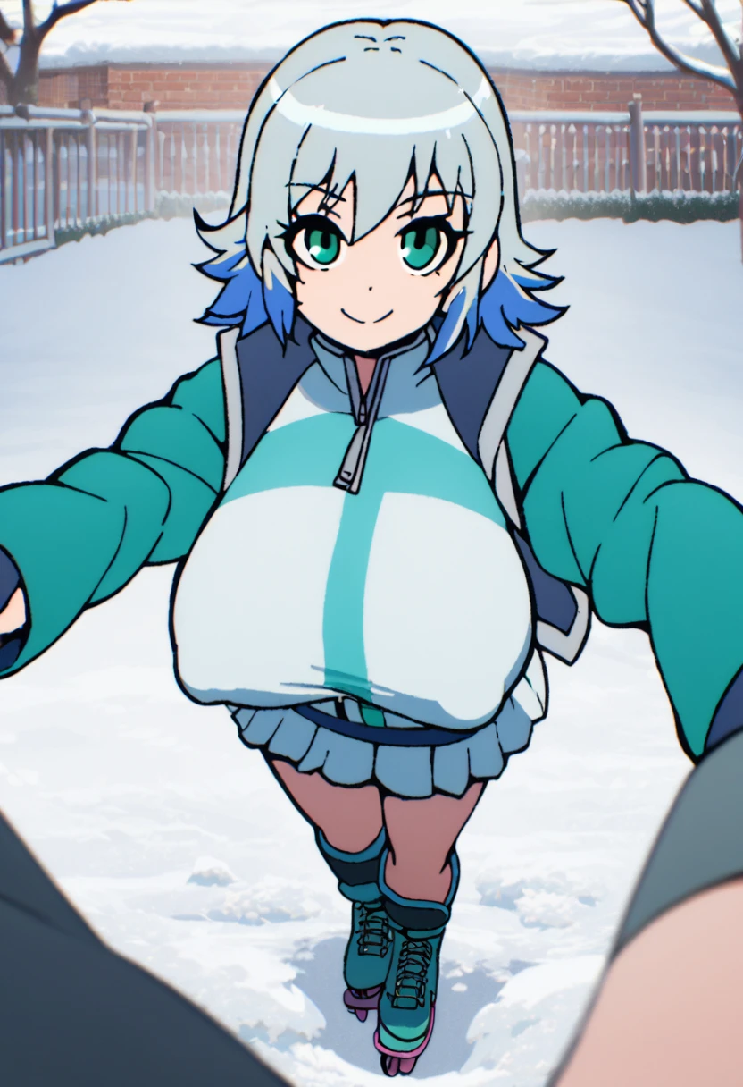 A girl Ramona Flowers shirt jacket roller skates Super huge breasts breast enlargement A person standing in the snow looking at the camera smiling Two-color hair blue and green 官方藝術