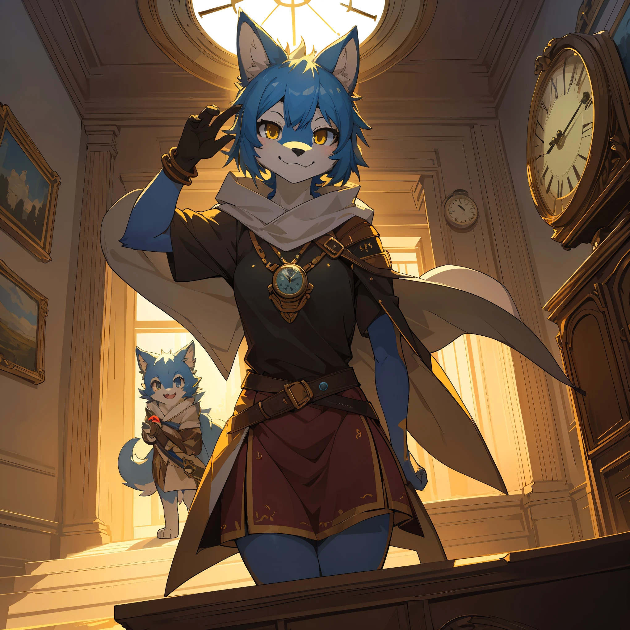 cover page, highres, top quality, best quality, paid reward available, unparalleled masterpiece, perfect artwork, absurdres, High-quality illustrations, super high resolution, detailed background, perfect anatomy(1girl, kemono, furry anthro, fearless smile, reach for the clock) in room with clock, fantasy artwork, cinematic lighting, Backlight,