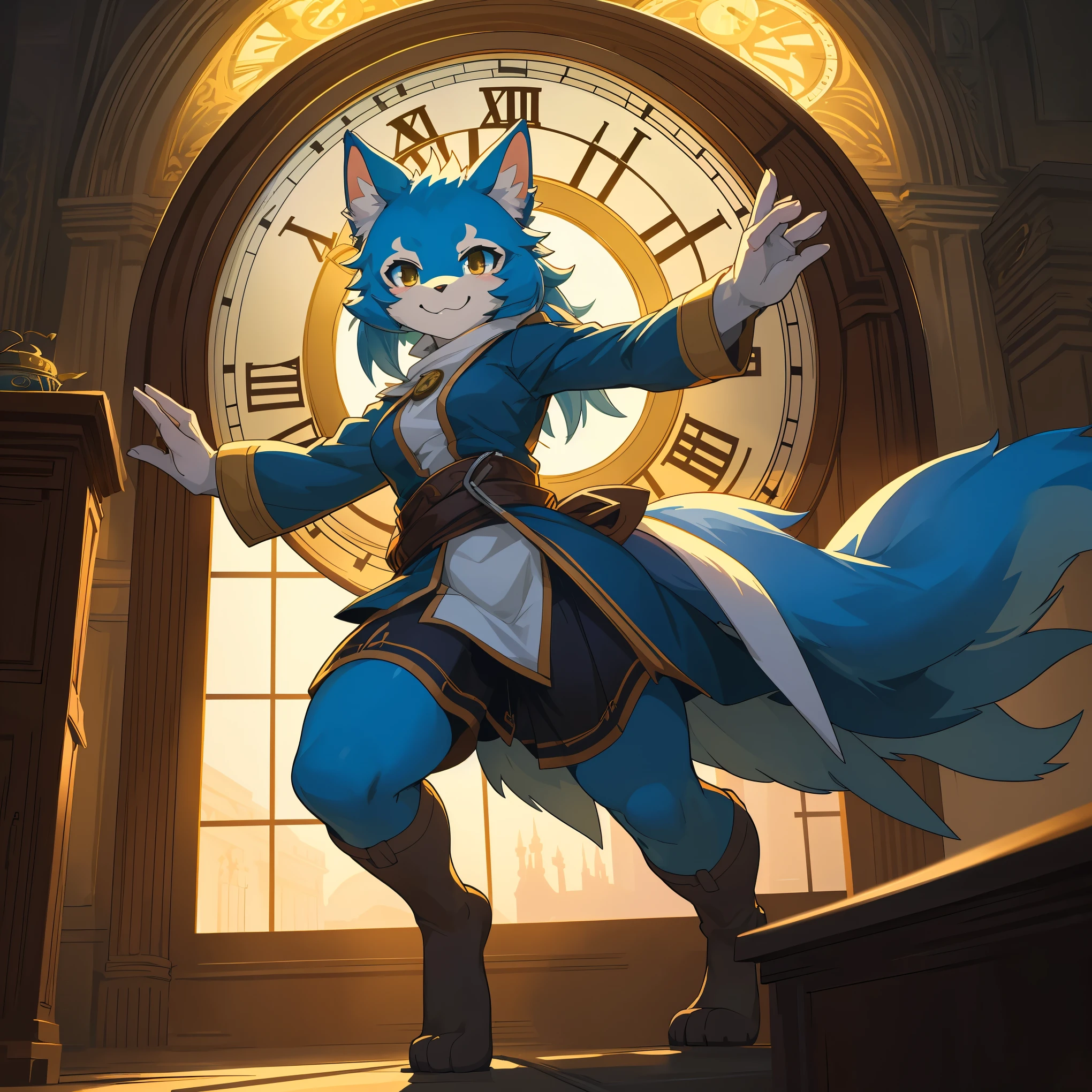 cover page, highres, top quality, best quality, paid reward available, unparalleled masterpiece, perfect artwork, absurdres, High-quality illustrations, super high resolution, detailed background, perfect anatomy(1girl, kemono, furry anthro, fearless smile, reach for the clock) in room with clock, fantasy artwork, cinematic lighting, Backlight,