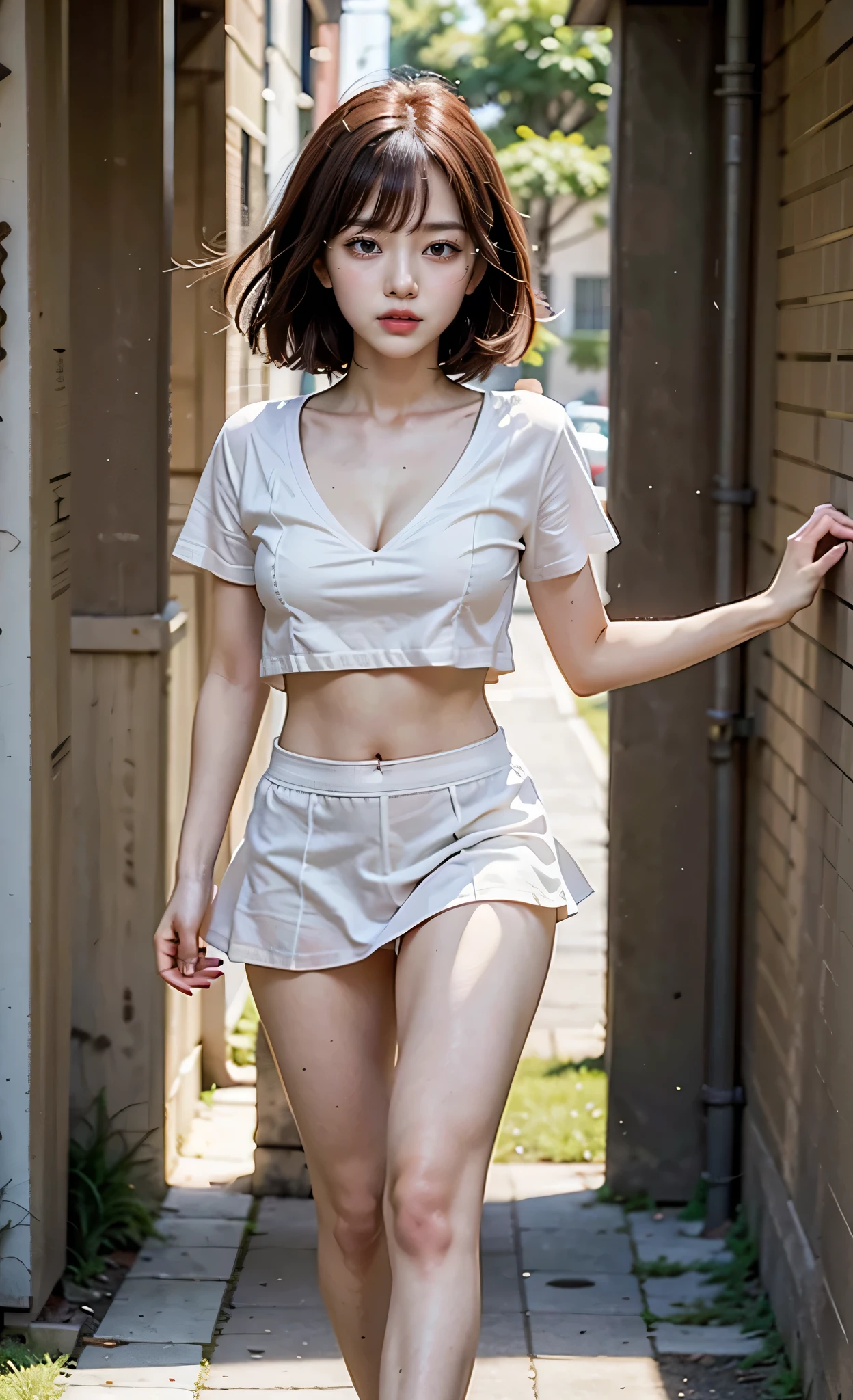Araffe asian woman walking down a narrow alley way - SeaArt AI