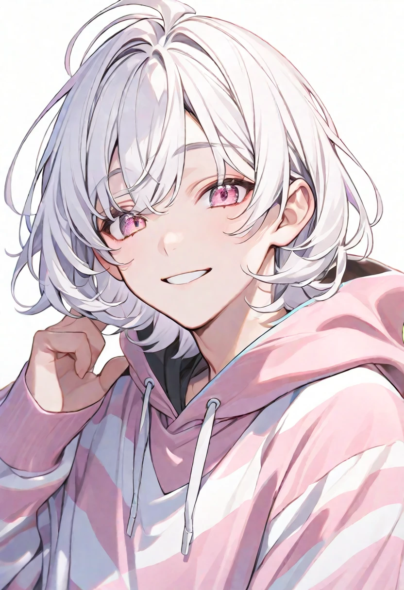 solo, handsome, 1. male,
Straight Hair,White hair,short hair,bangs,
pink Eyes,Soft look,Drooping eyes,Young,
black pink striped hoodie,Jersey,
,casual,skin, Smile,
White background,icon