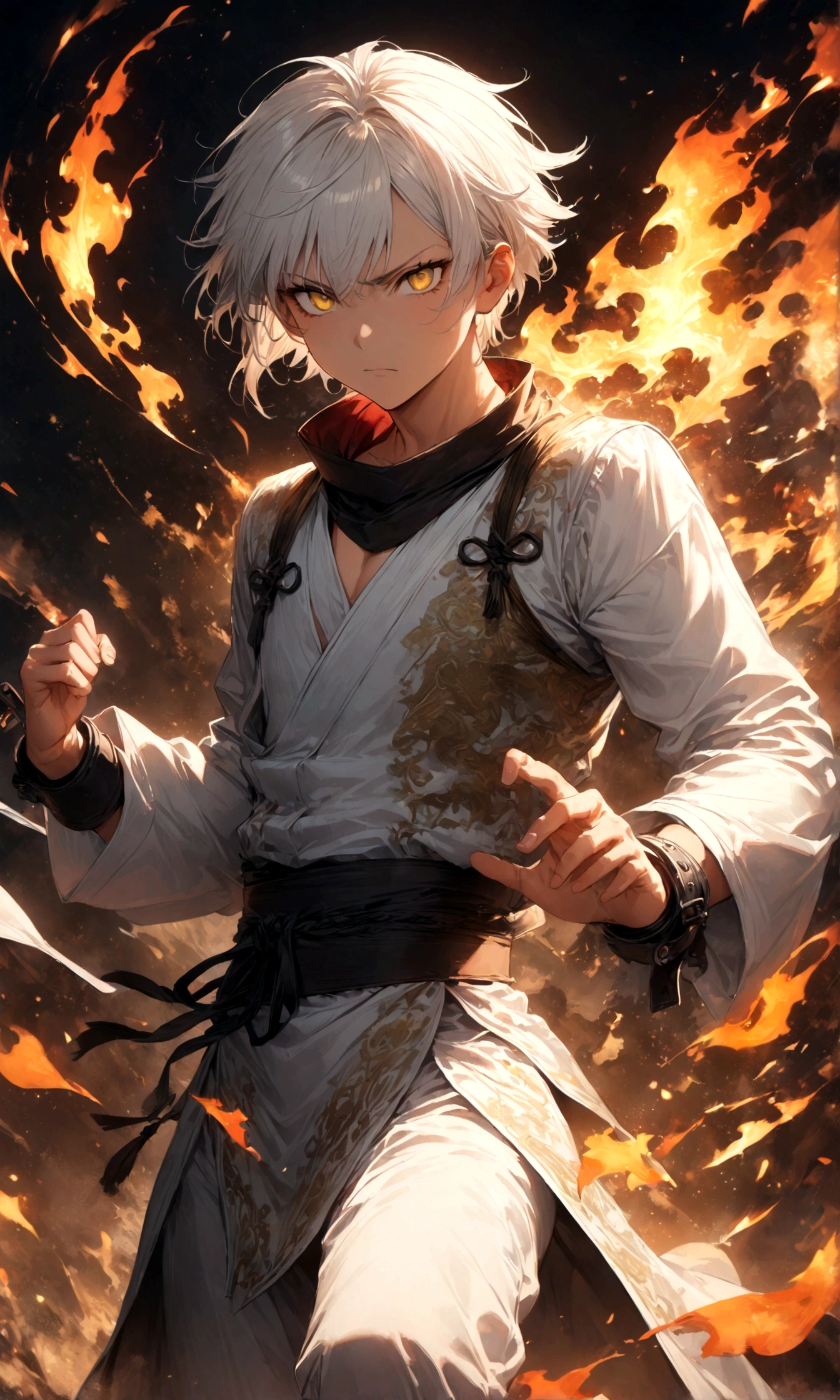 (1 male,gabimaru,Androgynous short hair,white hair,White ninja costume,Gabimaru is a slim androgynous man,Listless,Droopy eyes,Yellow Eyes),,Moderate dirt,Intricate details,,Decadent,artwork,rendering,(masterpiece:1.3),(highest quality:1.4),(Super detailed:1.5),High resolution,Very detailed,unity 8k wallpaper,Dark fantasy,Glare,Fighting Style,BREAK,The ninja outfit that Gabimaru is wearing is white.,The collar and cuffs are black.,BREAK,Adding ancient characters to the background,Flames with detailed patterns