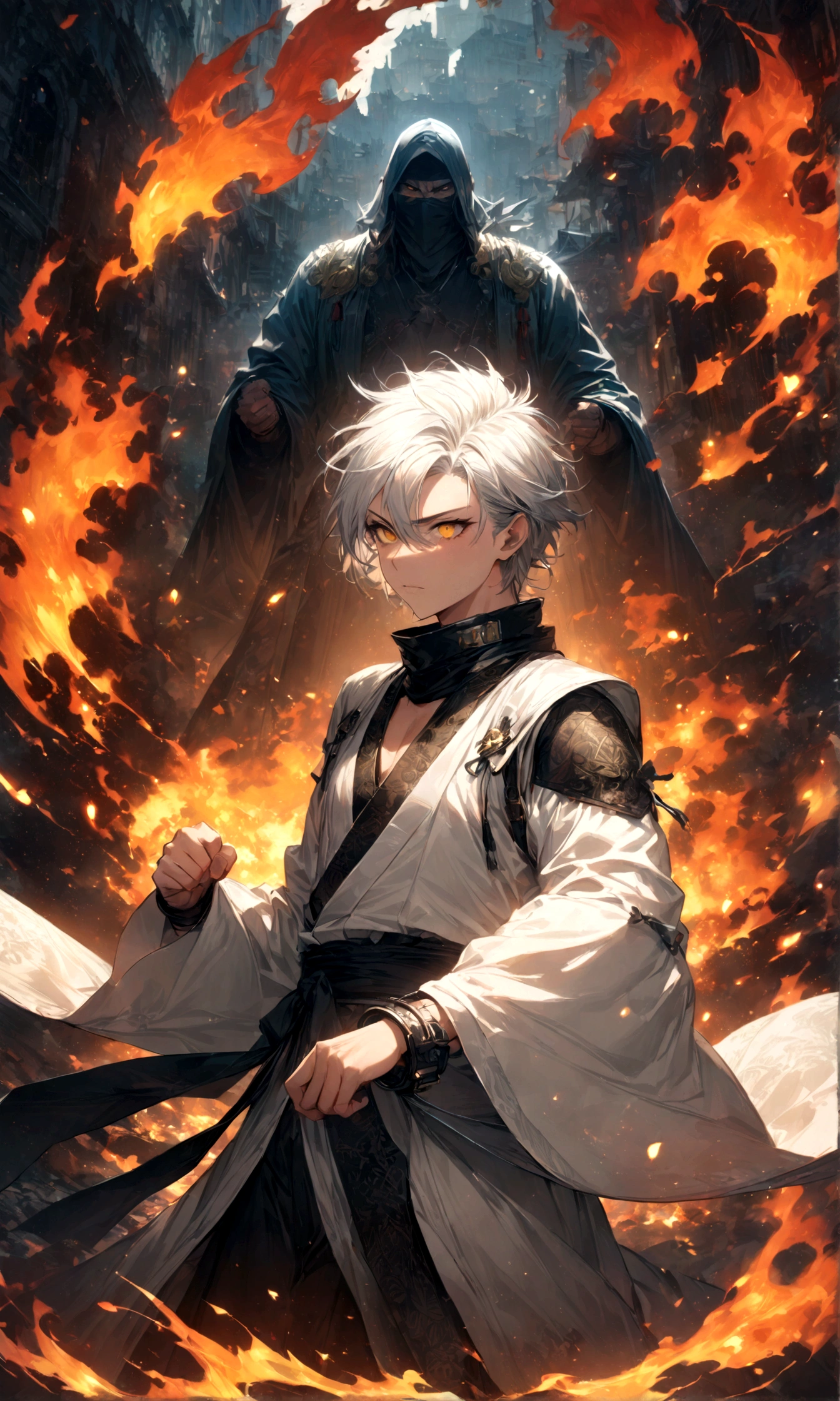 (1 male,gabimaru,Androgynous short hair,white hair,White ninja costume,Gabimaru is a slim androgynous man,Listless,Droopy eyes,Yellow Eyes),,Moderate dirt,Intricate details,,Decadent,artwork,rendering,(masterpiece:1.3),(highest quality:1.4),(Super detailed:1.5),High resolution,Very detailed,unity 8k wallpaper,Dark fantasy,Glare,Fighting Style,BREAK,The ninja outfit that Gabimaru is wearing is white.,The collar and cuffs are black.,BREAK,Adding ancient characters to the background,Flames with detailed patterns