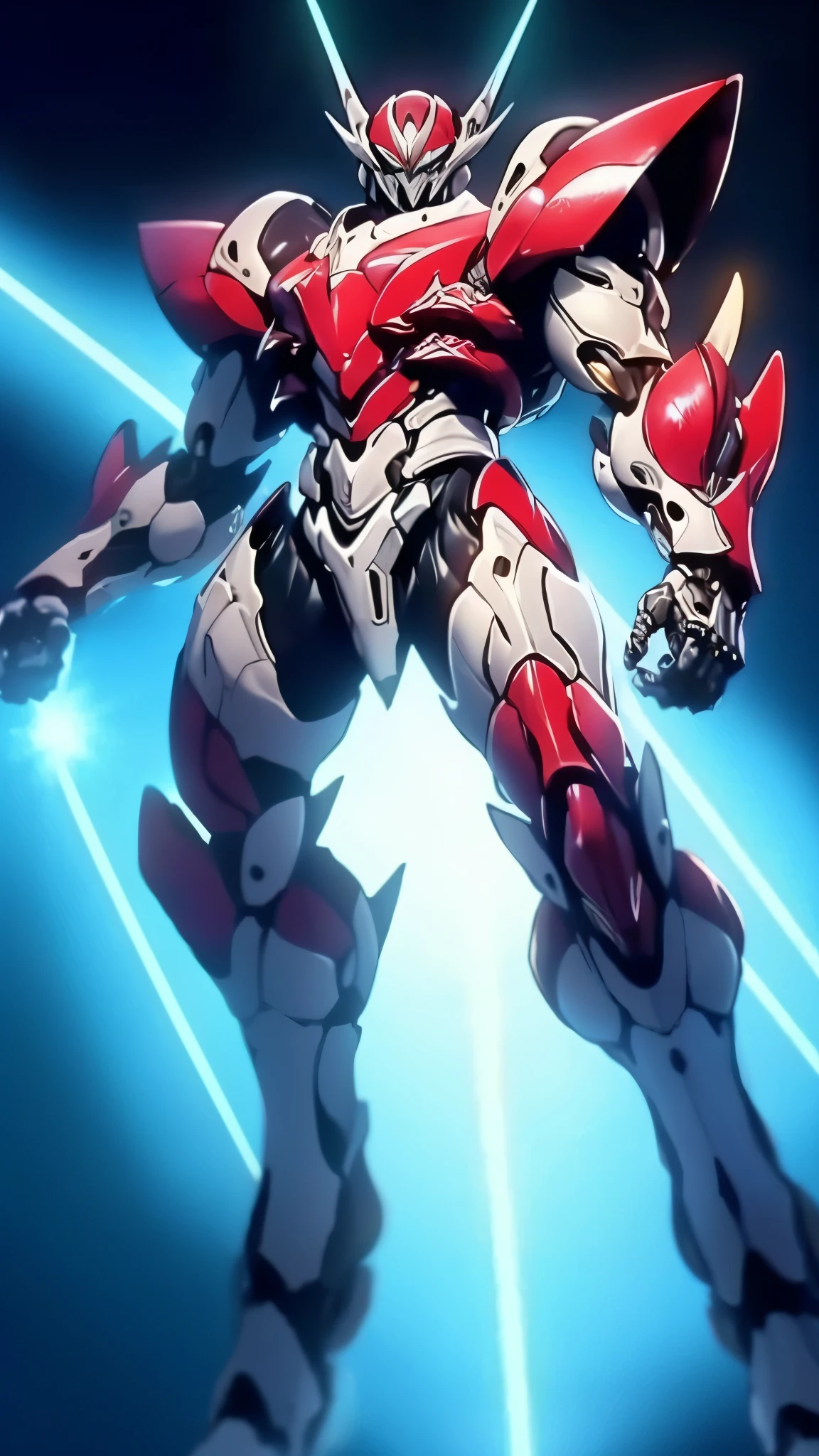 Humanoid Mecha, fully enclosed shoulder guards, matching arm and leg guards, full body, full armor, the design balances heavy with agility, (the color scheme is primarily white with red and blue accents, the concept Inspired by Super robot, organic biotech armor, standing, floating high above the futuristic sci-fi city), exquisite and mature art style, (aura effect, energy, glowing eyes, the armor glows), ((SRS)), metallic, dynamic, dramatic, high definition, best quality, highres, ultra-detailed, ultra-fine painting, extremely delicate, professional, perfect body proportions, anatomically correct, symmetrical face, extremely detailed eyes and face, high quality eyes, creativity, RAW photo, UHD, 32k, Natural light, cinematic lighting, masterpiece-anatomy-perfect, masterpiece:1.5