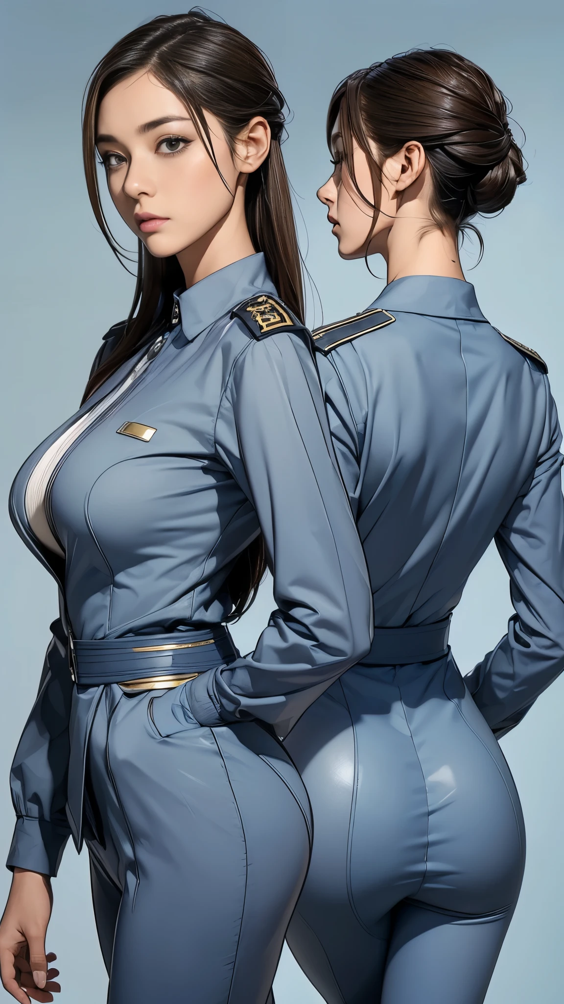 ((masterpiece)),(((highest quality))),((Reference Sheet, Character Design, front, return, ~ ~ side, Mr..々Hairstyle, Mr..々Performance, Facial Expressions)), -yeld gi Cute type, (Very slim:1.4), (Very small ass:1.4), Realistic buttocks, (Big Breasts:1.3), Short Bob, Thin thighs, Long legs, It's not a big deal,(A female Earth Federation officer is walking), (Wearing Earth Federation military uniform, Light grey and light blue military uniform),(Worn by federal government employees'White Hat:1.5)