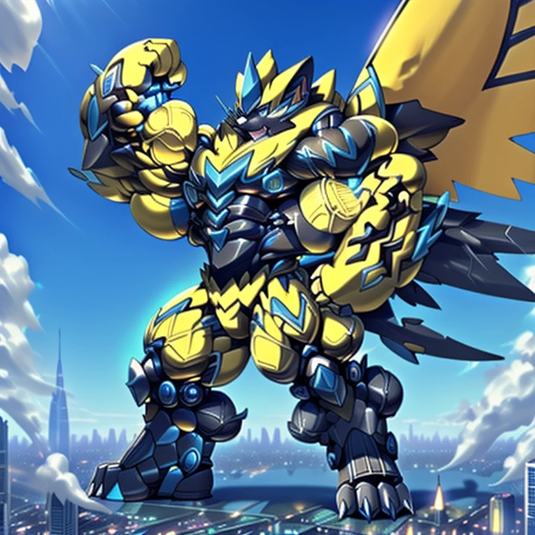 (dominating zeraora. Zeraora is over 1000 meters long. giant mechanical Muscular Zeraora is trampling the city. Looking down. macro. stomp)
(smoke and flames rising from the destruction in the city)
Additional details 1: (masterpiece. official art. 8k. best quality) (high-tech bio-mecha armor. real texture material. whole body shines like metal. Wearing cyberpunk mecha. emphasizes the muscles. suit fully made of metal. intricate armor. Robotic suit. suit fully made of metal. cyborg. Powered exoskeleton with the same design as Zeraora).
Additional details 2: (gigantic muscles. HYPER MUSCLES. Gigachad Muscular. big muscle. pecs. triceps. traps. unusually developed muscular body. body full of huge muscles. showing off muscles. pectorales enormes. Exaggeratedly huge muscles.).
Additional details 3: (Spread wings. It has wings. have big wings. golden wings).
Additional details 4: (giant zeraora. Zeraora's giant robot. ). gundam.