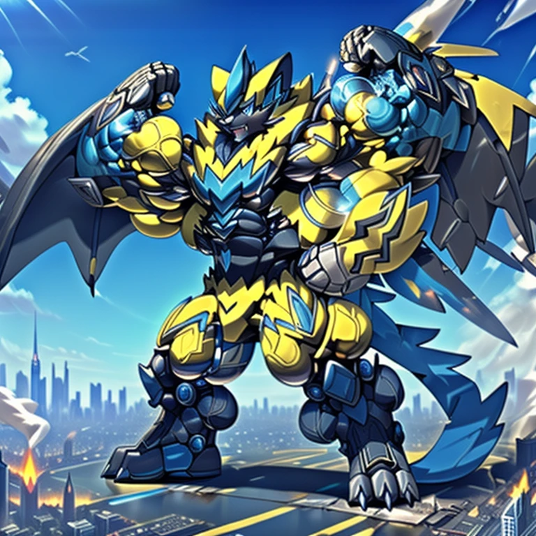 (dominating zeraora. Zeraora is over 1000 meters long. giant mechanical Muscular Zeraora is trampling the city. Looking down. macro. stomp) 
(smoke and flames rising from the destruction in the city)

Additional details 1: (masterpiece. official art. 8k. best quality) (high-tech bio-mecha armor. real texture material. whole body shines like metal. Wearing cyberpunk mecha. emphasizes the muscles. suit fully made of metal. intricate armor. Robotic suit. suit fully made of metal. cyborg. Powered exoskeleton with the same design as Zeraora). 

Additional details 2: (gigantic muscles. HYPER MUSCLES. Gigachad Muscular. big muscle. pecs. triceps. traps. unusually developed muscular body. body full of huge muscles. showing off muscles. pectorales enormes. Exaggeratedly huge muscles.). 

Additional details 3: (Spread wings. It has wings. have big wings. golden wings). 

Additional details 4: (giant zeraora. Zeraora's giant robot. ). gundam.