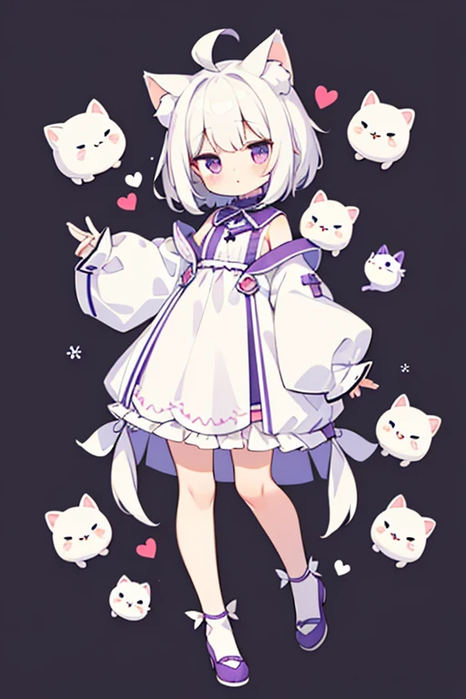masterpiece, best quality, detailed background, detailed clothes, cute, small, oversized clothes, white hair, short hair, white fluffy cat tail, white cat ears, small size, full body, purple eyes, fluffy, fluff ears, solo, long sleeves, detiled, A girl, kawaiitech, pastel colors, kawaii, cute colors