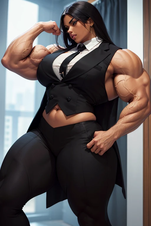 (Massive, beautiful, buff, brown skinned muscular woman with black hair, orange eyes, black lipstick, ginormous bulky muscles), (((black three-piece suit))), necktie, blazer, (((black suit jacket))), (((waistcoat))), double-breasted waistcoat, pencil skirt, pencil skirt, tie clip, pocket square, pocket watch, pantyhose, high heels, (close view), (massive muscles), hyper muscles, long straight hair, in an apartment, 