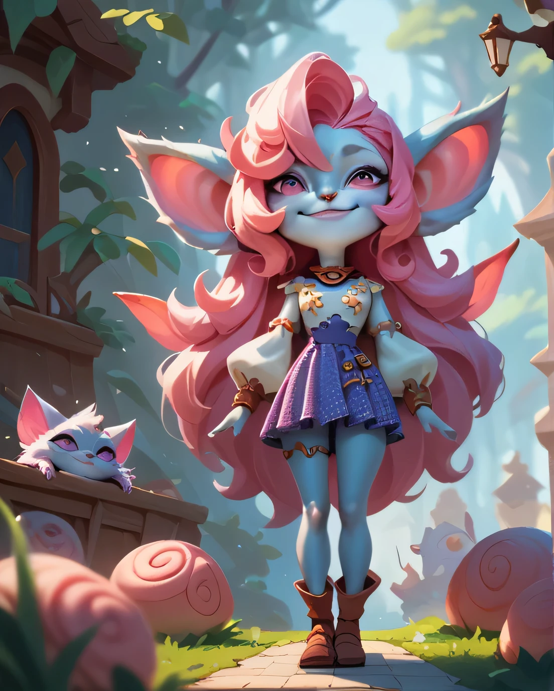 score_9, score_8_up, score_7_up, score_6_up, score_5_up, score_4_up, pink purpple yordle female, a dubious little creature getting up to mischief,cute,pretty,attrative,seminua,4yordles,slender,thin,