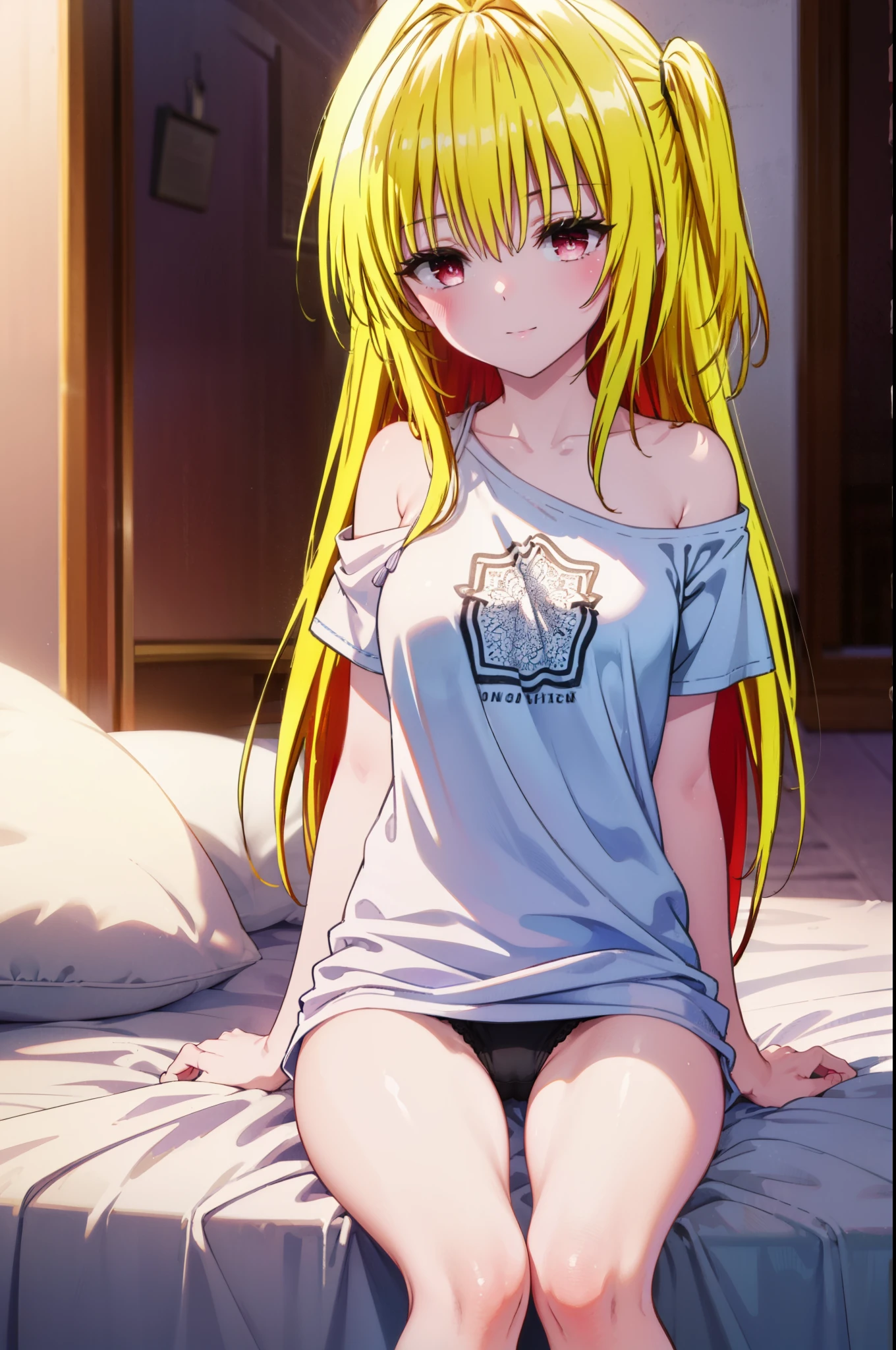 toloverumy, my, (Yellow Hair:1.5), Long Hair, (Red eyes:1.5),Messy Hair,smile,blush,Oversized T-shirt,One-shoulder T-shirt,Black string underwear,barefoot,Waking up,Sitting on the bed,morning,morning陽,The sun is rising,So that the whole body goes into the illustration,Sexy pose,
break indoors, Bedroom,
break looking at viewer, (Cowboy Shot:1.5),
break (masterpiece:1.2), highest quality, High resolution, unity 8k wallpaper, (figure:0.8), (Beautiful fine details:1.6), Highly detailed face, Perfect lighting, Highly detailed CG, (Perfect hands, Perfect Anatomy),