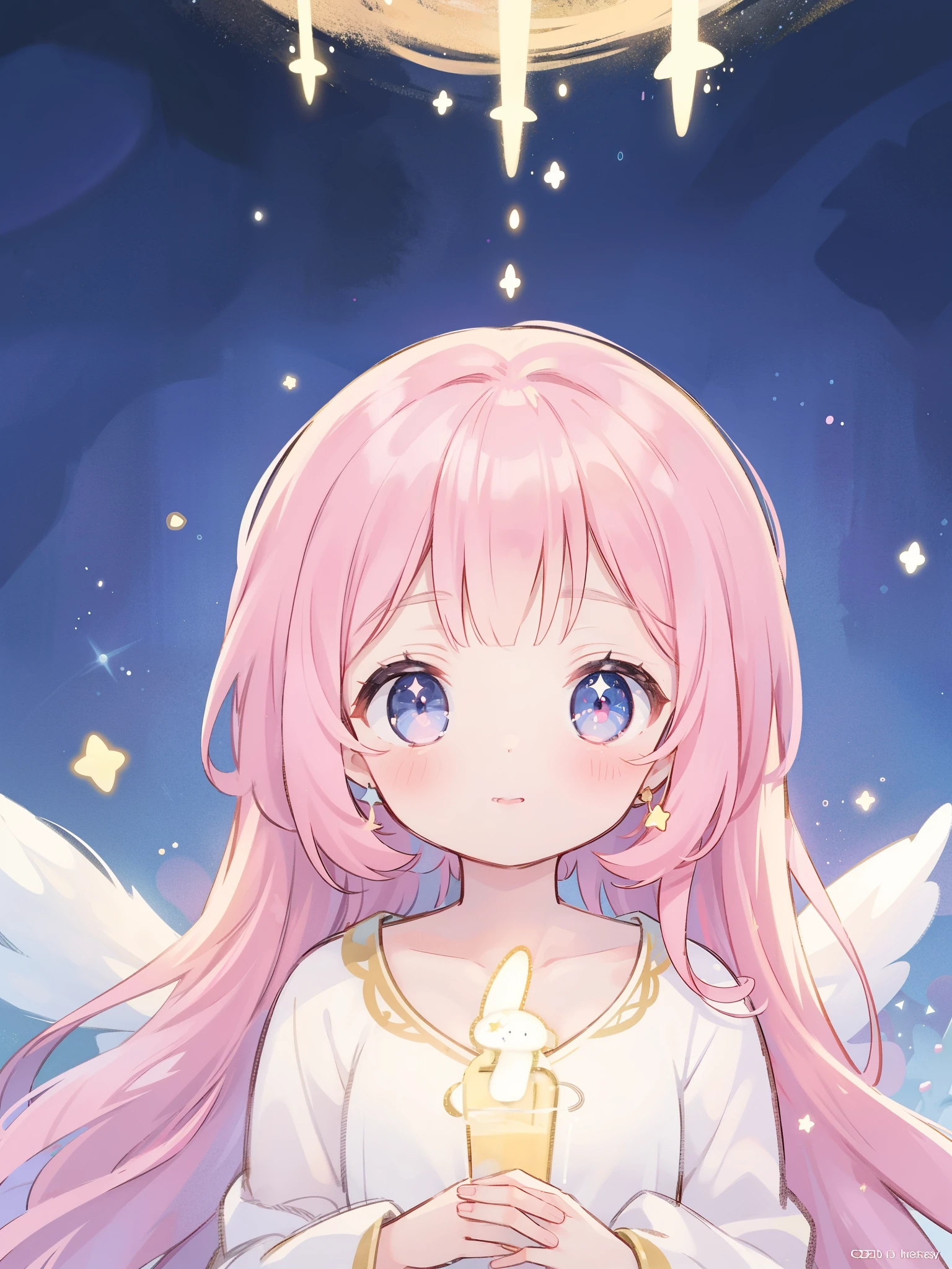 complex background, wishing star background, magical girl wearing an ethereal mystical pink translucent dress that reflects the stars, close up, sparkling detailed eyes, golden ratio face, perfect composition, perfume promo art, mystic, complex drawing, highly detailed, Covergirl brand, promo art, artistic rendition, ethereal, starry night, midjourney style