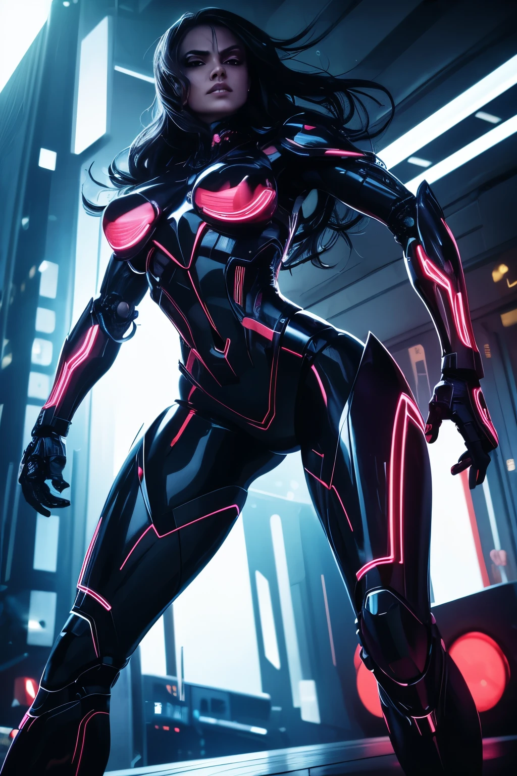 a woman robot from 2099, extremely detailed, cinematic lighting, dramatic pose, neon cyberpunk city background, hyper realistic, 8k, award winning digital art, intricate machinery, glowing eyes, chrome metal skin, dynamic composition, stunning colors, photorealistic, chiaroscuro lighting, elegant and powerful, futuristic, cinematic angle