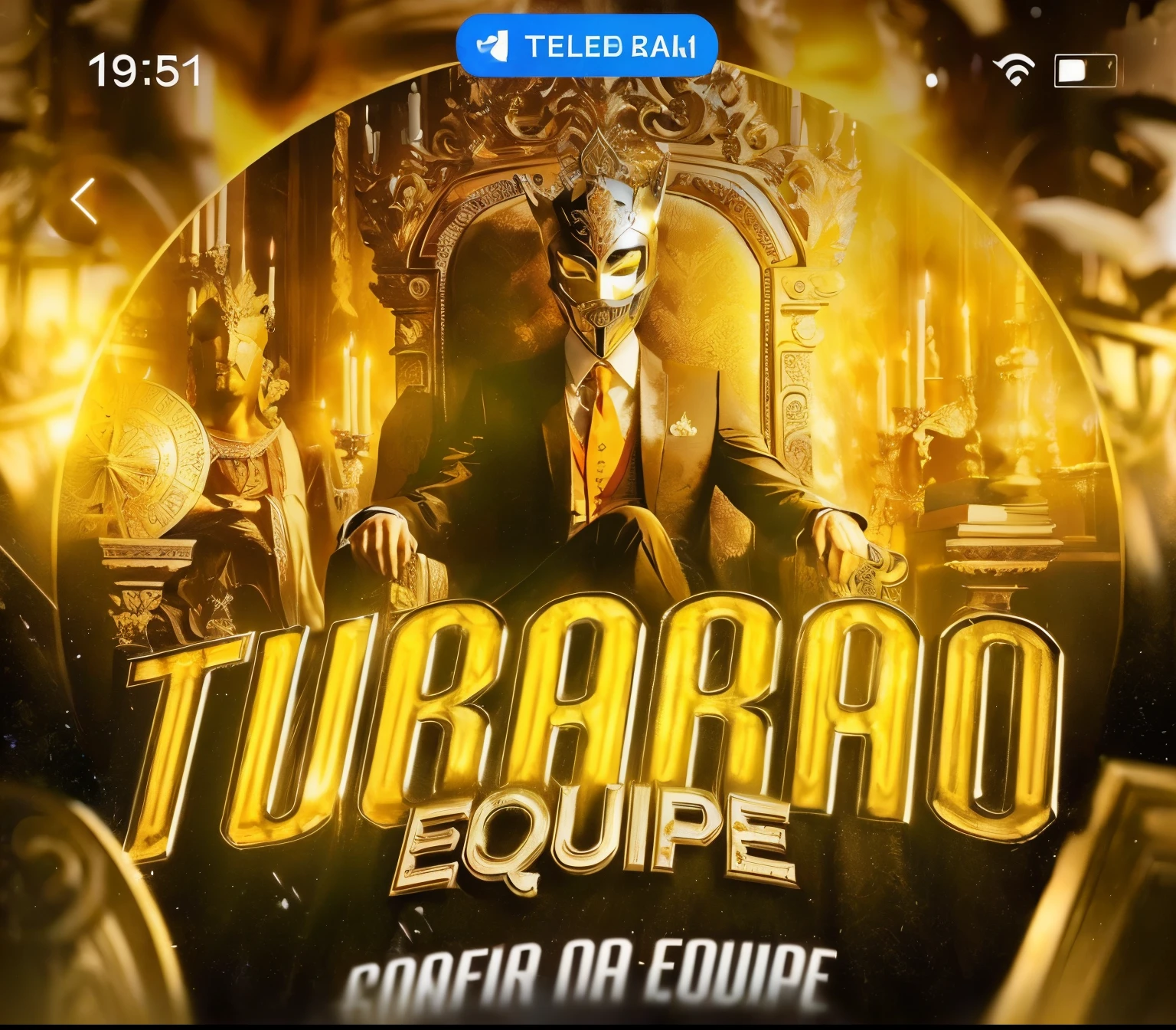 a man in a mask sitting on a throne, riches around him, written very large BONDE INFILTRADO