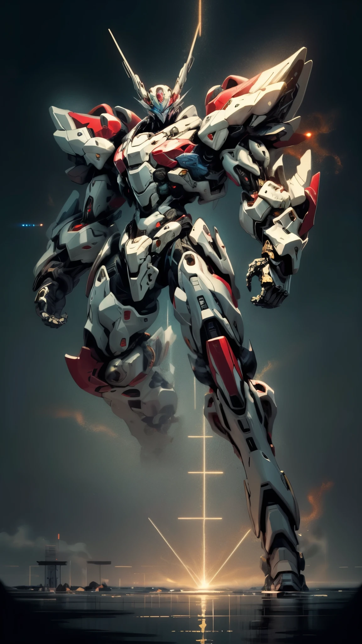 Humanoid Mecha, fully enclosed shoulder guards, matching arm and leg guards, full body, full armor, the design balances heavy with agility, (the color scheme is primarily white with red and blue accents, the concept Inspired by Super robot, organic biotech armor, standing, floating high above the futuristic sci-fi city), exquisite and mature art style, (aura effect, energy, glowing eyes, the armor glows), ((SRS)), metallic, dynamic, dramatic, high definition, best quality, highres, ultra-detailed, ultra-fine painting, extremely delicate, professional, perfect body proportions, anatomically correct, symmetrical face, extremely detailed eyes and face, high quality eyes, creativity, RAW photo, UHD, 32k, Natural light, cinematic lighting, masterpiece-anatomy-perfect, masterpiece:1.5