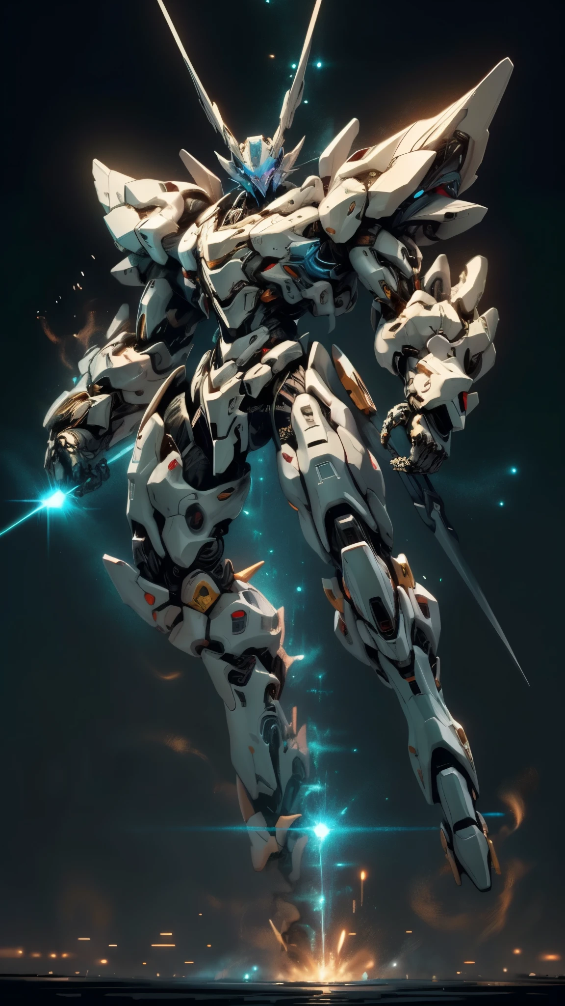Humanoid Mecha, fully enclosed shoulder guards, matching arm and leg guards, full body, full armor, the design balances heavy with agility, (the color scheme is primarily white with red and blue accents, the concept Inspired by Super robot, organic biotech armor, standing, floating high above the futuristic sci-fi city), exquisite and mature art style, (aura effect, energy, glowing eyes, the armor glows), ((SRS)), metallic, dynamic, dramatic, high definition, best quality, highres, ultra-detailed, ultra-fine painting, extremely delicate, professional, perfect body proportions, anatomically correct, symmetrical face, extremely detailed eyes and face, high quality eyes, creativity, RAW photo, UHD, 32k, Natural light, cinematic lighting, masterpiece-anatomy-perfect, masterpiece:1.5