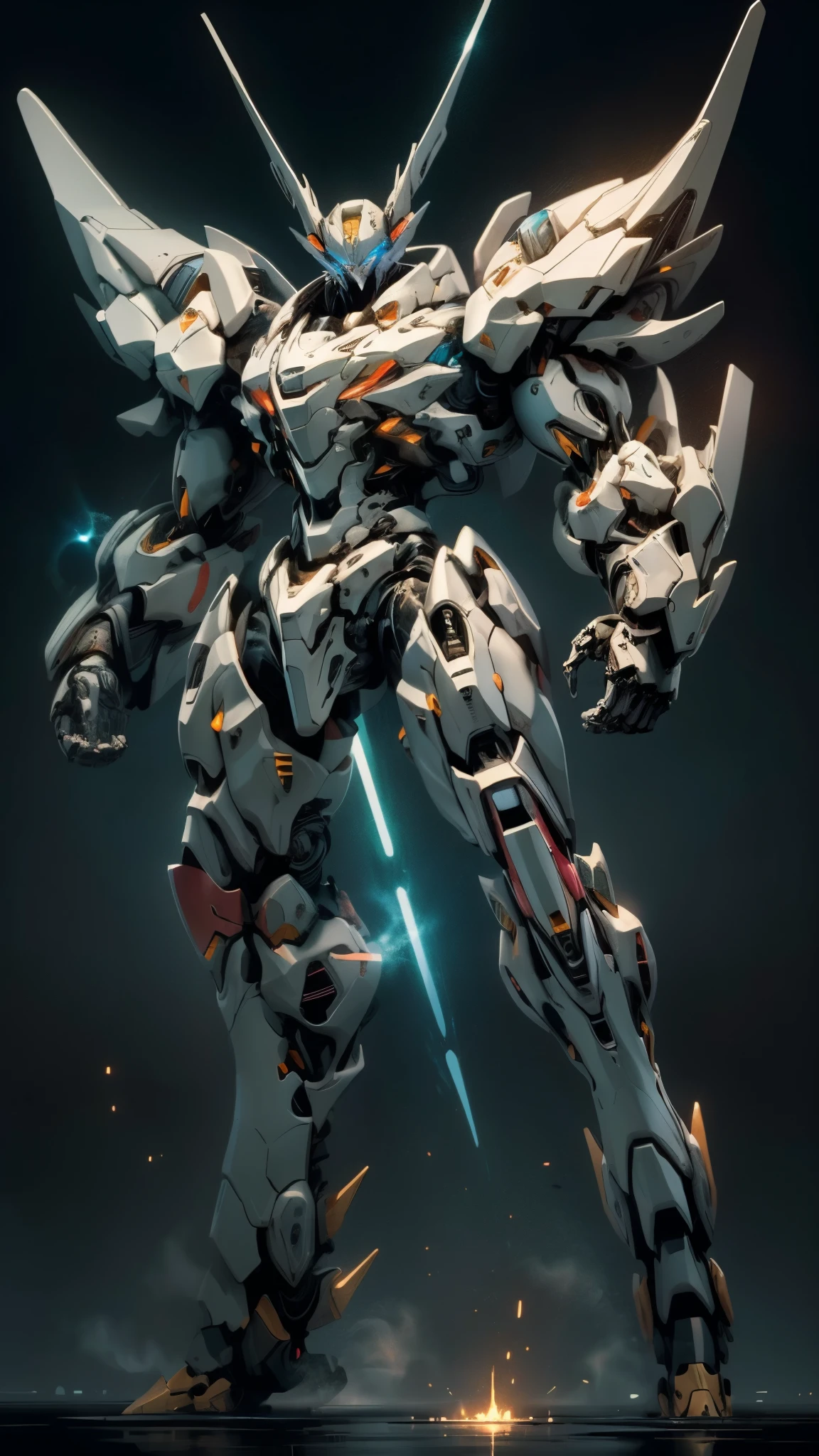 Humanoid Mecha, fully enclosed shoulder guards, matching arm and leg guards, full body, full armor, the design balances heavy with agility, (the color scheme is primarily white with red and blue accents, the concept Inspired by Super robot, organic biotech armor, standing, floating high above the futuristic sci-fi city), exquisite and mature art style, (aura effect, energy, glowing eyes, the armor glows), ((SRS)), metallic, dynamic, dramatic, high definition, best quality, highres, ultra-detailed, ultra-fine painting, extremely delicate, professional, perfect body proportions, anatomically correct, symmetrical face, extremely detailed eyes and face, high quality eyes, creativity, RAW photo, UHD, 32k, Natural light, cinematic lighting, masterpiece-anatomy-perfect, masterpiece:1.5
