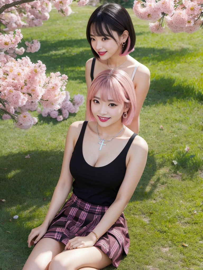 (8k, Photorealistic, Raw photo, Highest quality: 1.4),Japanese idol style１Beautiful girl of the person,18-year-old,Short bob hairstyle,Blackの髪,She has her hair tucked behind her ears,She has small earrings in her ears,Big, clear grey eyes,Long eyelashes,Plump Cheeks,(She is applying lipstick,(Pink :1.4)),Apply gloss over your lipstick for glossy, plump lips,Smiling,A short pendant is hanging around her neck.,両手の爪にBlackのマニキュアを塗っている,両足の爪にBlackのマニキュアを塗っている,Wearing a sleeveless summer knit top on bare skin,I can see her cleavage(Wearing a pleated skirt,(Plaid,Black :1.4)),barefoot,(sitting on the grass under a tree in the park,(sitting cross-legged :1.4)),Angle from the front,Full body portrait