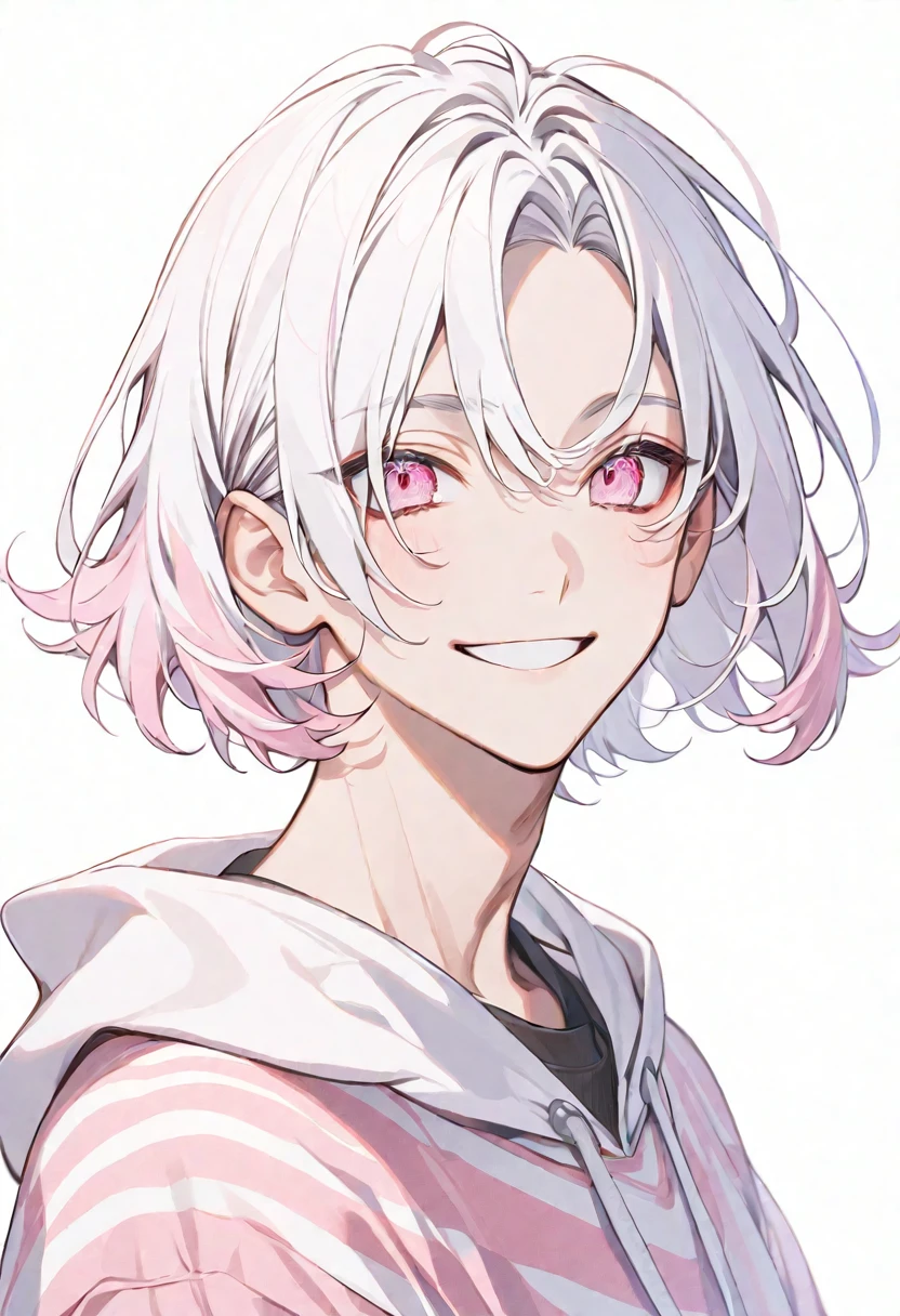 solo, handsome, 1. male,
Straight Hair,White hair,Pink Ash,short hair,bangs,
pink Eyes,Soft look,Drooping eyes,Young,
black pink striped hoodie,Jersey,
,casual,skin, Smile,
White background,icon