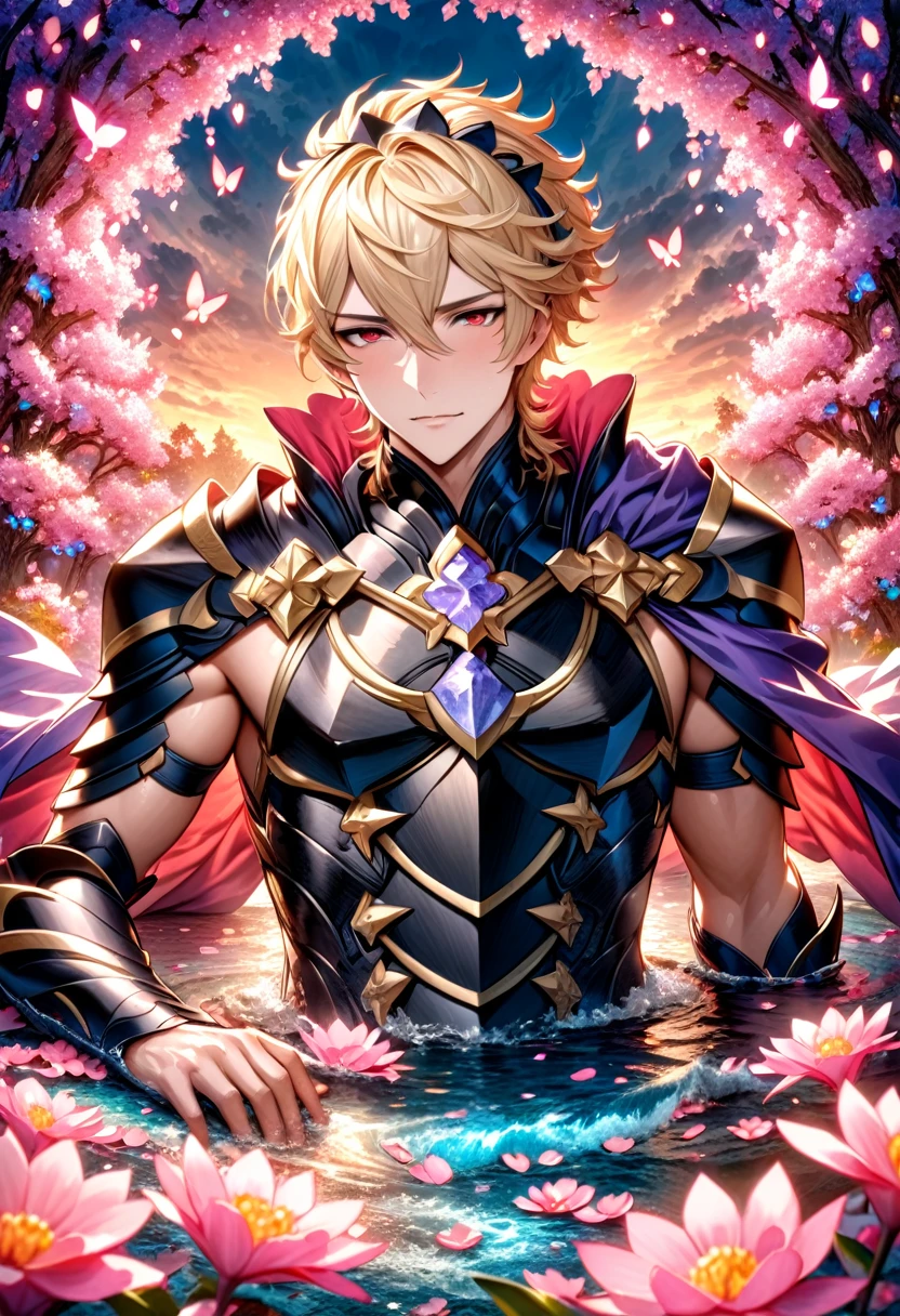 one young man, (((male))), (((man))), (((one person))), (((single))), (((solo))), 1guy, (((very light blonde hair))), (((pink colored eyes))), (medium short hair), (chin-length hair), wavy hair, slim body, ((flat chest)), (((wearing fantasy clothes))), ((fantasy style)), ((wearing flowers in his hair)), flowercrown, ((pointy ears)), sunny weather, (((light pink colored eyes))), smooth skin, ((alone)), palace in the background