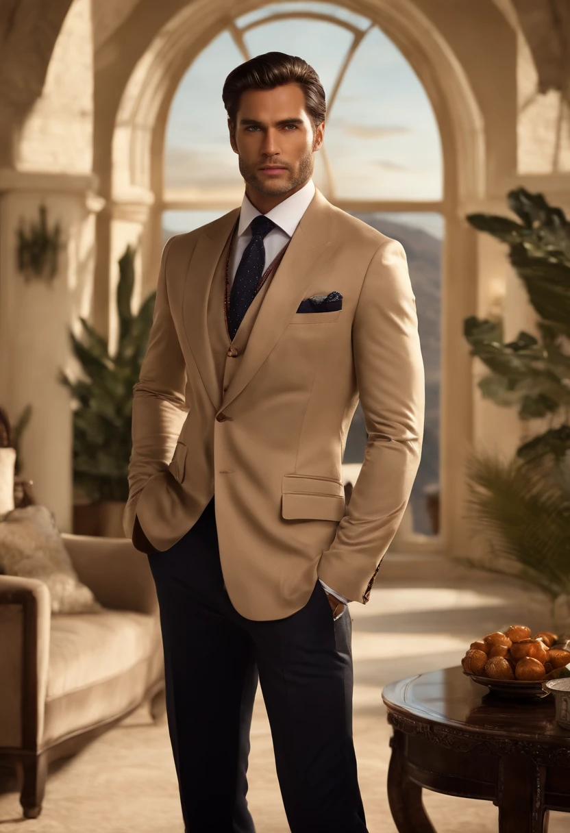 character standing with arm straight, dark hair (neck length hair tied in a ponytail), nice pose, handsome man, pretty face, royal elegant pose, business man, (in a striped blazer), (The surrounding environment is a luxurious and classic living room) (sand tone image)
