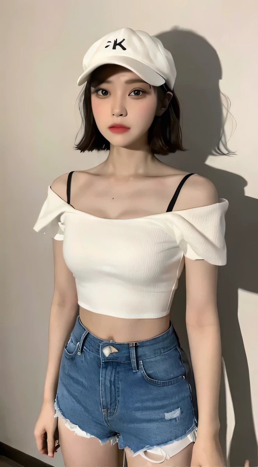 ((highest quality, 8k, masterpiece: 1.3)), (Flower Cap: 1.3), concentrated: 1.2, Perfect body beauty: 1.4, Hips: 1.2, (Layered Haircut: 1.2)), (Dark Street: 1.3), Highly detailed face and skin texture, whole body, Delicate eyes, double eyelid, White skin, Long Hair, (Round face: 1.5), (loose crop top, Shorts: 1.6)