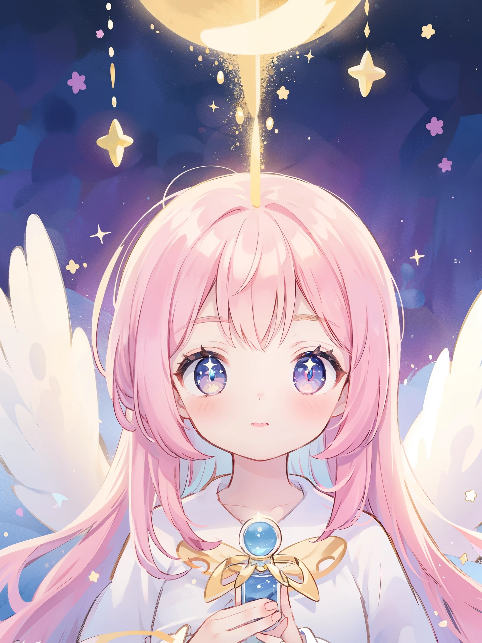 complex background, wishing star background, magical girl wearing an ethereal mystical pink translucent dress that reflects the stars, close up, sparkling detailed eyes, golden ratio face, perfect composition, perfume promo art, mystic, complex drawing, highly detailed, Covergirl brand, promo art, artistic rendition, ethereal, starry night, midjourney style