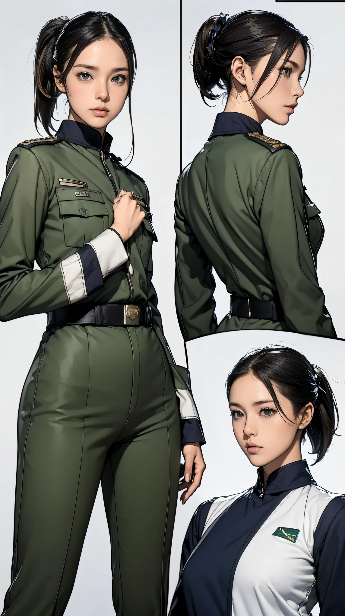 ((masterpiece)),(((highest quality))),((Reference Sheet, Character Design, front, return, ~ ~ ~ side, Mr...々Hairstyle, Mr...々performance, Facial Expressions)), 14-year-old girl, Cute type, (Very slim:1.4), (Very small ass:1.4), Realistic buttocks, Mid-chest, Blonde ponytail:1.2,Thin thighs, Long legs, It's not a big deal,(A female Earth Federation officer is walking), (Wearing Earth Federation military uniform, White and dark grey uniform),(Worn by federal government employees'White Hat:1.5)