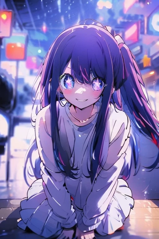 ((masterpiece)), (((HDR))), ((best quality)), (ultra high quality), (hi-res), ((1 anime girl)), Hoshino Ai, (((sparkling eyes))), beautiful eyes, detailed eyes, ((teen)), ((purple hair)), (bangs), tied hair, side pony, ((arms out)), (((zettai ryouiki))), ((happy expression)), (smile), cute, facing camera, (skirt), (idol clothes), (short sleeves), in the city, outside, buildings, sidewalk, daytime, sunlight on face, noon, bright sun, city scenery, crosswalk, (((full body))), ((dynamic)), cute girl,