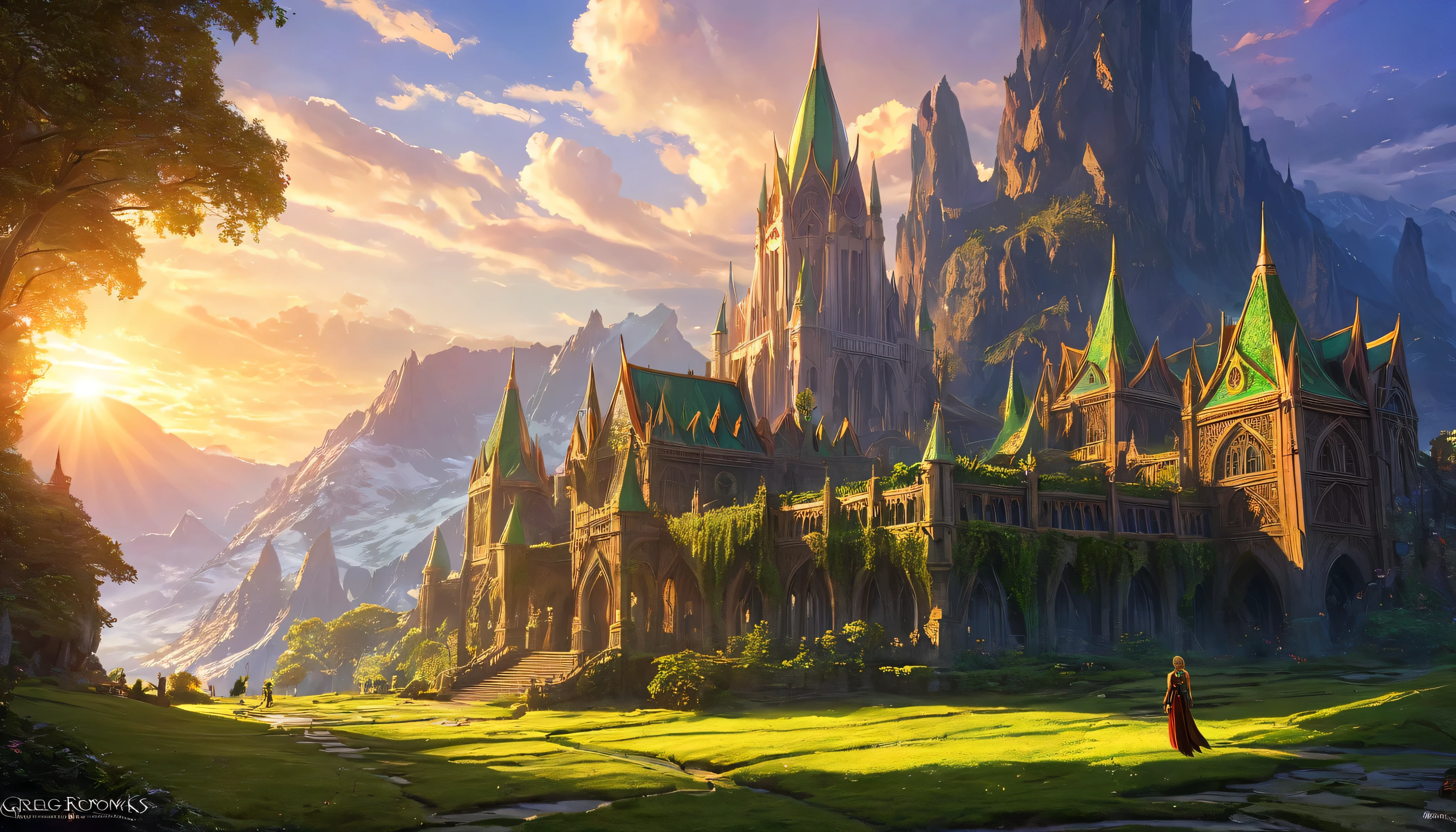 (anime, dark fantasy), (by Greg Rutkowski: 1.2), (masterpiece, best quality, high resolution, highly detailed, depth of filed, HDR:1.2), ((the majestic elven city, elf, people, grand architecture,)), fantastical landscapes, vibrant colors, majestic, enchanted, warm atmosphere, beautiful, extremely detailed, intricate, delicate, serene fantasy, cinematic lighting, 8k, high quality