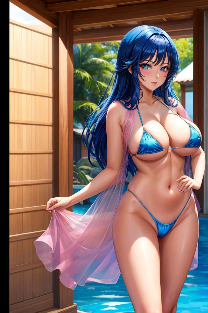 Rangiku Matsumoto en bikini azul posando para una foto, amoranto, better known as amoranto, blue bikini, young beautiful amoranto, anna nikonova aka newmilky, lenceria brillante azul brillante, bikini realista, lindo bikini, chica pelirroja, bikini model, hermosa modelo de bikini, chica sexy, bikini con tirantes, amoranto as a super villain ((nsfw, nude, naked, standing, hairy pubic hair, view from front)),