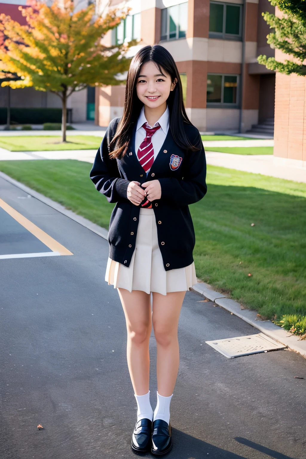 A Japanese high school girl standing in an empty schoolyard、Long black hair、In uniform、Full body portrait、She is wearing a cardigan over her blouse、miling、The shoes worn are loafers.