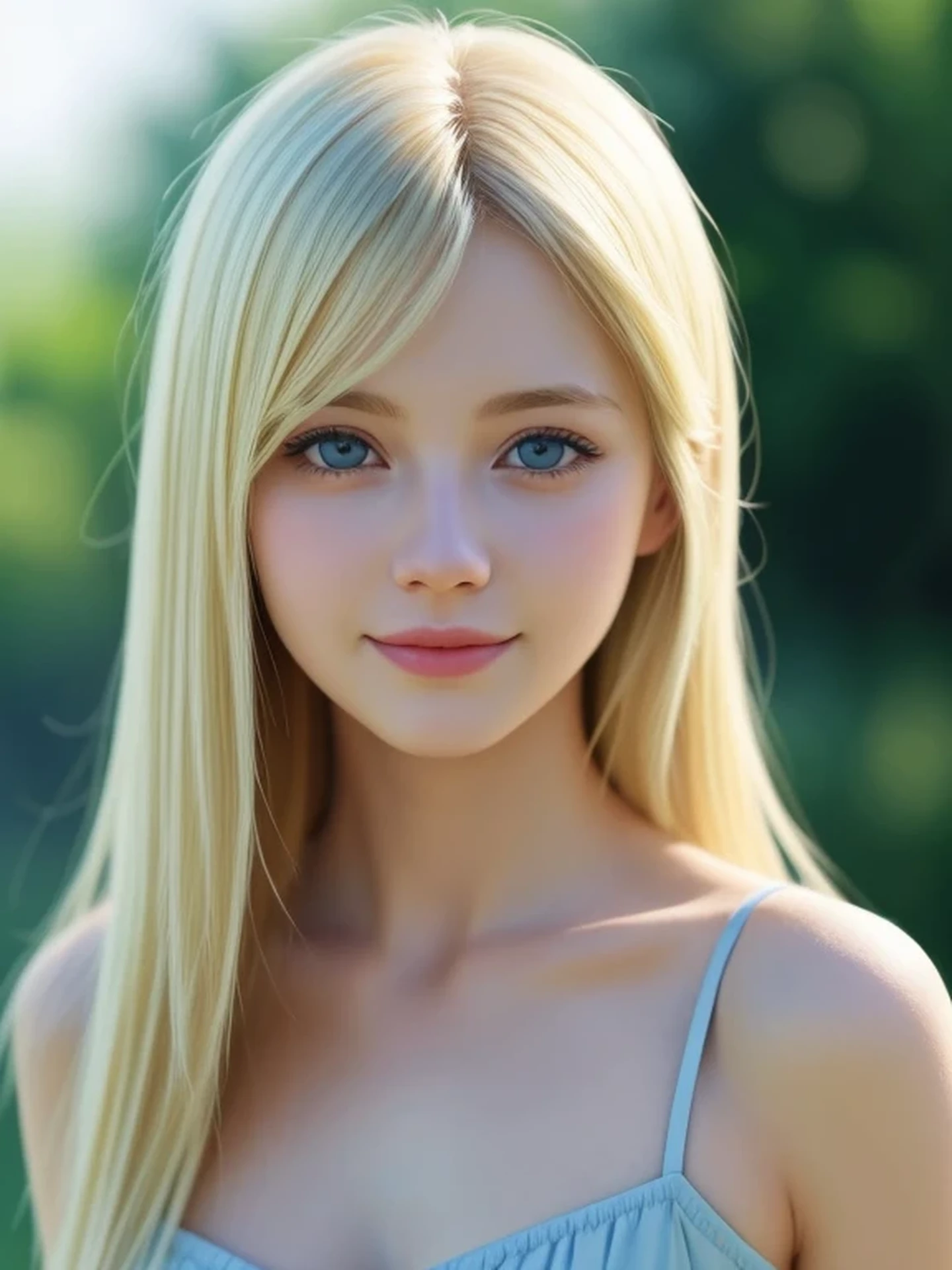 (looking away:1.4), (upper body shot:1.2), Realistic digital painting of a woman portrait, Shy, Cute Smile, blue eyes, (medium Blonde Hair:1.3), (Highly detailed skin:1.2), Mystical style, Global Illumination,