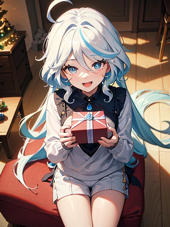 ((masterpiece)), ((anatomically correct)), ((high details)),(( high quality)),(( best quality)), ((highres)), ((super detail)), 1girl, Furina,(wearing white sweater),short pants, ((kneel)),(leg on the ground),head tilted, 1 ahoge, happy face, smile open mouth,holding a gift, indoor,living room,(Big christmas tree lighting on background), cinematic lighting,(from above sideways), cowboy shot, f/1.8, Sony FE