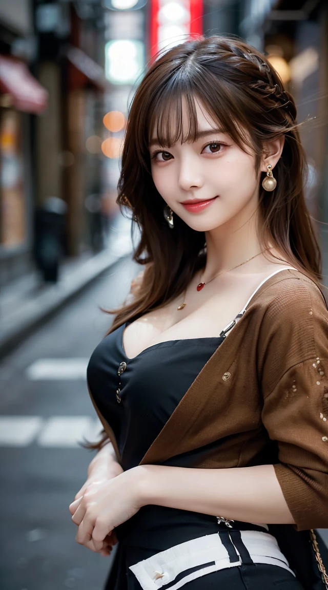 (highest quality, masterpiece:1.3, ultra high resolution), (Super detailed, caustics, 8k), (photorealistic:1.4, RAW shooting), 1 girl, (look at the camera with a smile and visible teeth), 20-year-old, cute, Japanese, (black long bronde hair), (hair tied), Natural lips, (wearing Blouse, Red pumps with high heels, Wide pants, Red cardigan, Business Casual Fashion：1.6), (there are earring holes on the ears), (wearing necklace by chanel), perfect necklace, cleavage, (Street in Tokyo at night), bust up shot, face focus, Natural light, Backlight, (A bright light shines from above), (Lens flare), professional writing, perfect bodies, perfect arms, Perfect fingers, perfect legs, perfect hair, pores, Realistic skin texture, perfect teeth, full body