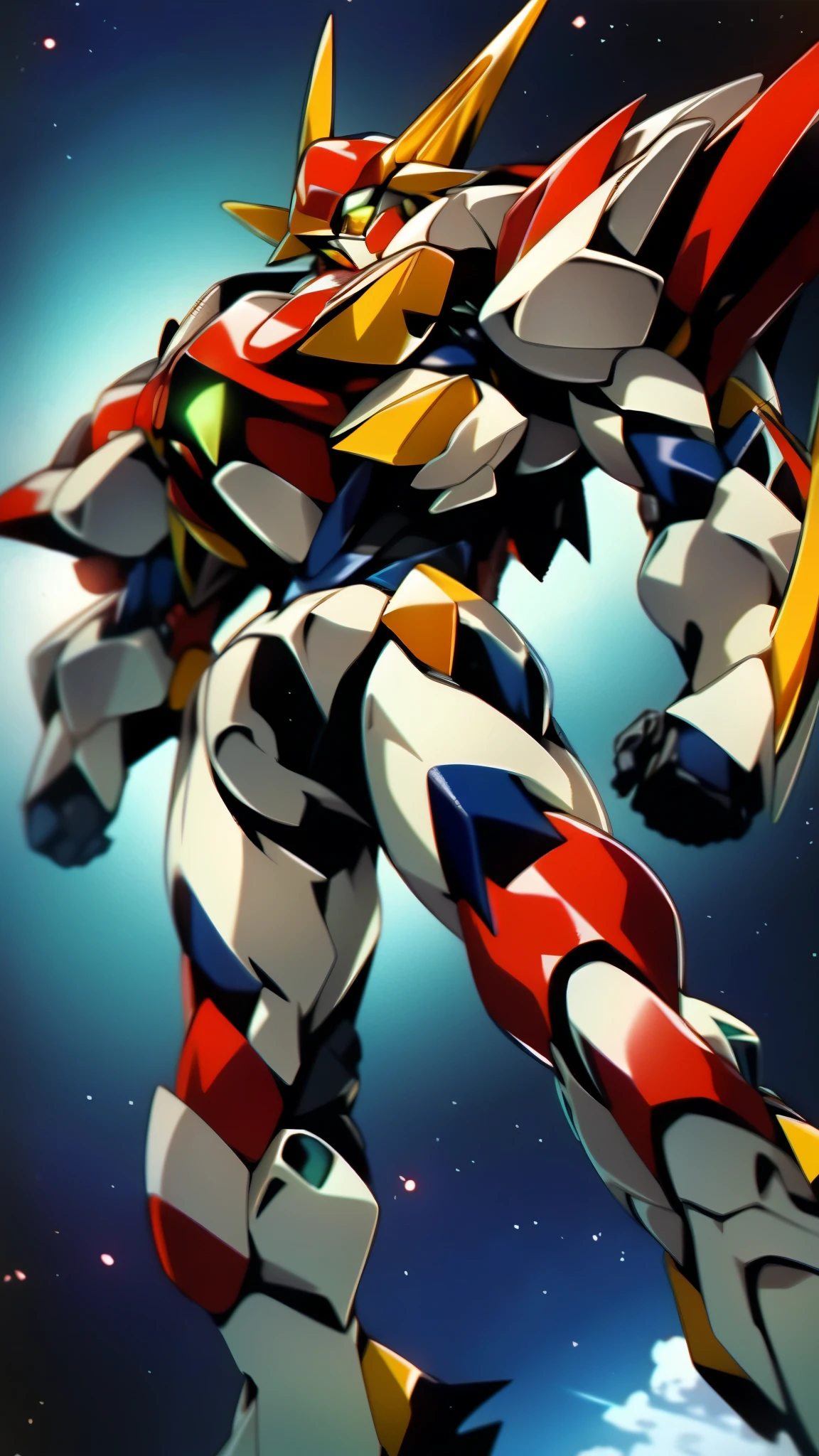 Humanoid Mecha, fully enclosed shoulder guards, matching arm and leg guards, full body, full armor, the design balances heavy with agility, (the color scheme is primarily white with red and blue accents, the concept Inspired by Super robot, organic biotech armor, standing, floating high above the futuristic sci-fi city), exquisite and mature art style, (aura effect, energy, glowing eyes, the armor glows), ((SRS)), metallic, dynamic, dramatic, high definition, best quality, highres, ultra-detailed, ultra-fine painting, extremely delicate, professional, perfect body proportions, anatomically correct, symmetrical face, extremely detailed eyes and face, high quality eyes, creativity, RAW photo, UHD, 32k, Natural light, cinematic lighting, masterpiece-anatomy-perfect, masterpiece:1.5