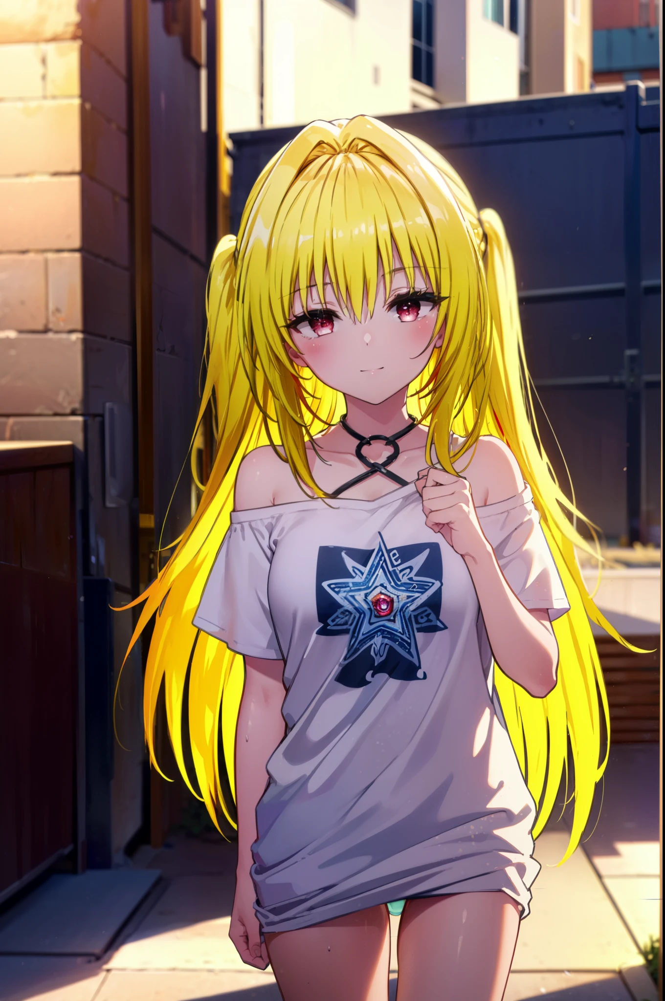 toloverumy, my, (Yellow Hair:1.5), Long Hair, (Red eyes:1.5),Messy Hair,smile,blush,Oversized T-shirt,One-shoulder T-shirt,Black string underwear,barefoot,Waking up,Sitting on the bed,morning,morning陽,The sun is rising,So that the whole body goes into the illustration,Sexy pose,
break indoors, Bedroom,
break looking at viewer, (Cowboy Shot:1.5),
break (masterpiece:1.2), highest quality, High resolution, unity 8k wallpaper, (figure:0.8), (Beautiful fine details:1.6), Highly detailed face, Perfect lighting, Highly detailed CG, (Perfect hands, Perfect Anatomy),