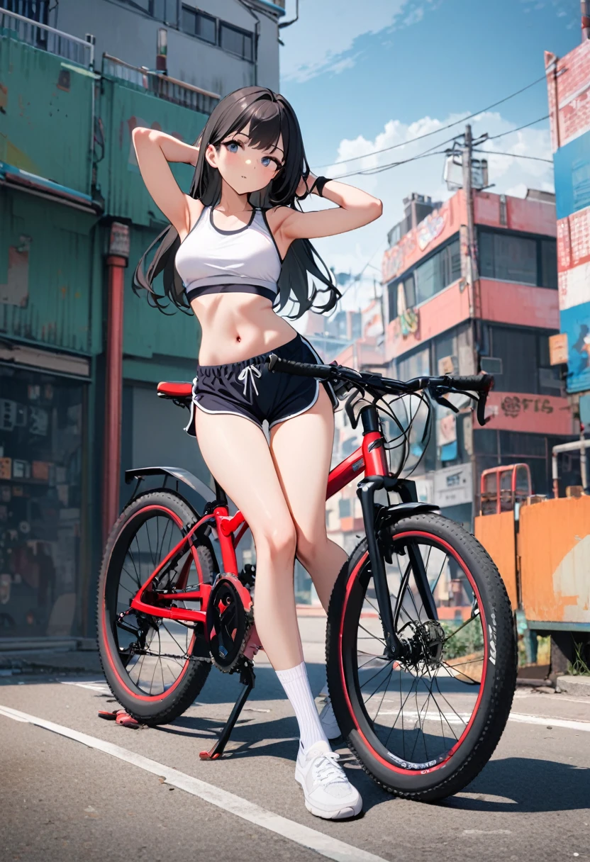 a female posing on a red bicycle wearing shorts and a sports bra, 1girl, solo, bicycle, navel, shorts, armpits, long hair, breasts, black hair, socks, looking at viewer, midriff, shoes, dolphin shorts, short shorts, ground vehicle, outdoors, white socks, bangs
