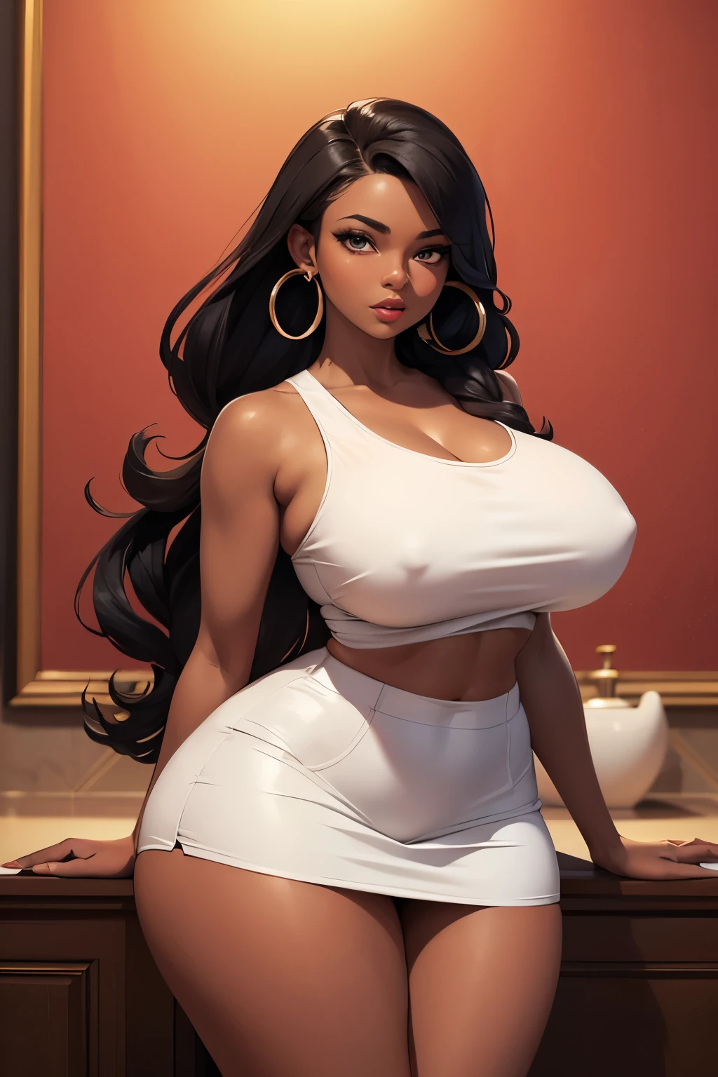 ((Masterpiece)), ((best quality)), ((highres)), black skin gorgeous woman with extremely long voluptuous curly black hair, African, big brown hoop earrings, wearing colored top and brown pattern mini skirt, curvy athletic frame, big breasts, huge thighs