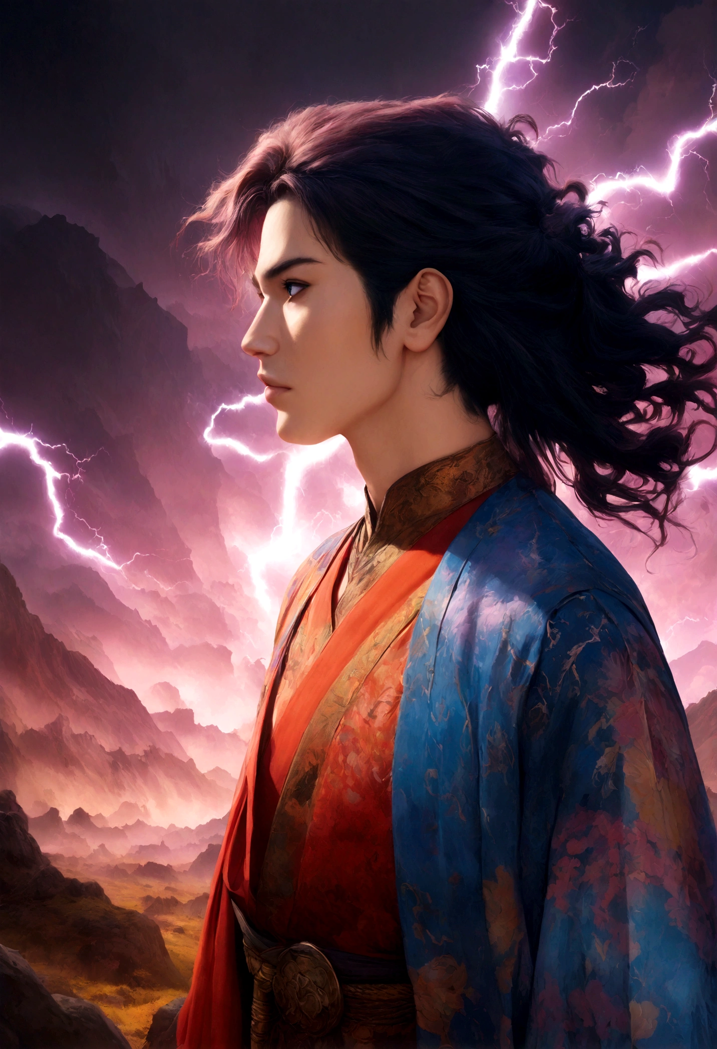(Male: 1.1), black eyes, profile, oriental beauty, (masterpiece), best quality, Anime, merge, colorful, vibrant colors, illustration, artstyle, fantasy, realistic, animation, (photo_(medium):1.0 ), by Antonio J. Manzanedo, by Jeremy Lipking, lightning, in surreal landscapes, smooth, sharp focus