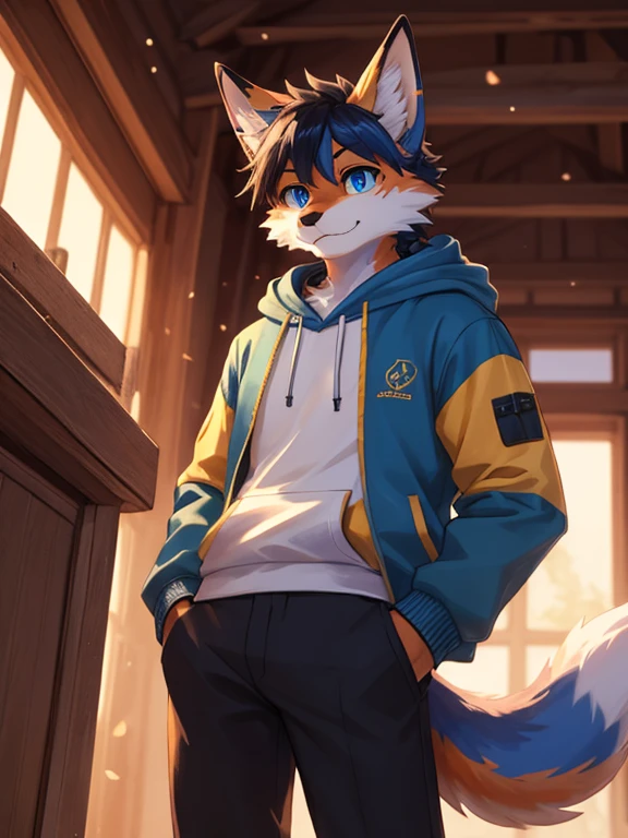 top quality, best quality, by bahnbahn, High-quality illustrations, masterpiece, shading, light, (kemono, furry anthro, alone), round, male, fox, blue fur, white fur, (casual clothing), furs, tail, energetic pose, friendly expression, big blue eyes, black pupils, spiky hair, orange jacket, black details, beige hoodie, modern outfit