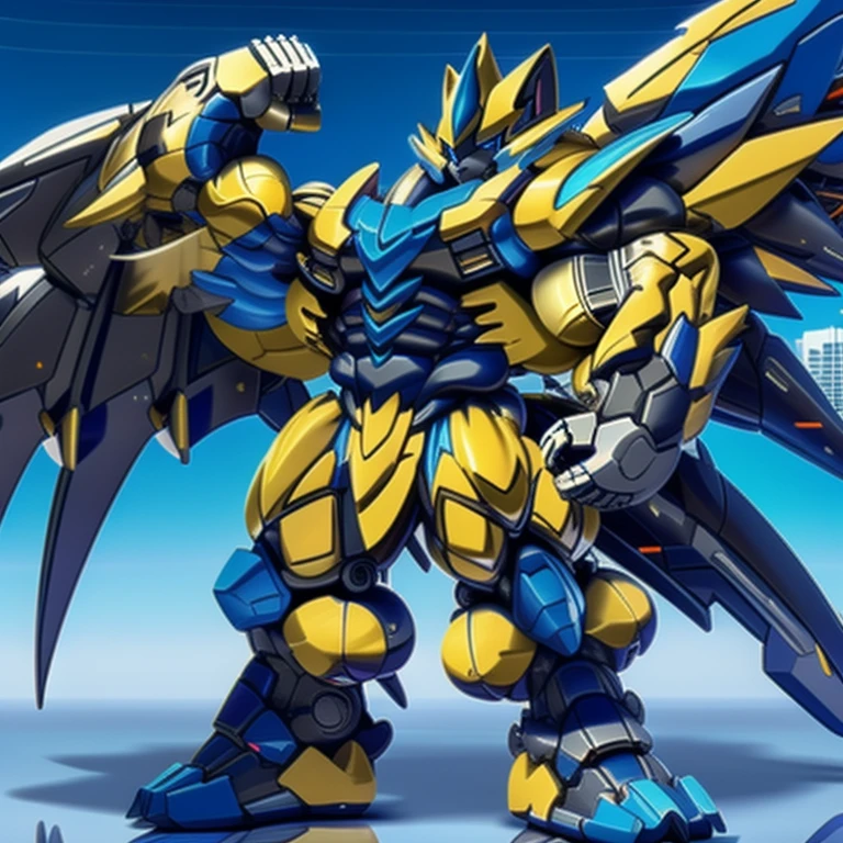 (dominating zeraora. Zeraora is over 1000 meters long. giant mechanical Muscular Zeraora is trampling the city. Looking down. macro. stomp)
(smoke and flames rising from the destruction in the city)
Additional details 1: (masterpiece. official art. 8k. best quality) (high-tech bio-mecha armor. real texture material. whole body shines like metal. Wearing cyberpunk mecha. emphasizes the muscles. suit fully e of metal. intricate armor. Robotic suit. suit fully madf metal. cyborg. Powered exoskeleton with the same design as Zeraora).
Additional details 2: (gigantic muscles. HYPER MUSCLES. Gigachad Muscular. big muscle. pecs. triceps. traps.sually developed muscular body. body full of huge muscles. showing off muscles. pectorales enormes. Exaggeratedly huge muscles.).
Additional details 3: (Spread wings. It has wings. have big wings. golden wings).
Additional details 4: (giant zeraora. Zeraora's giant robot. ). gundam.