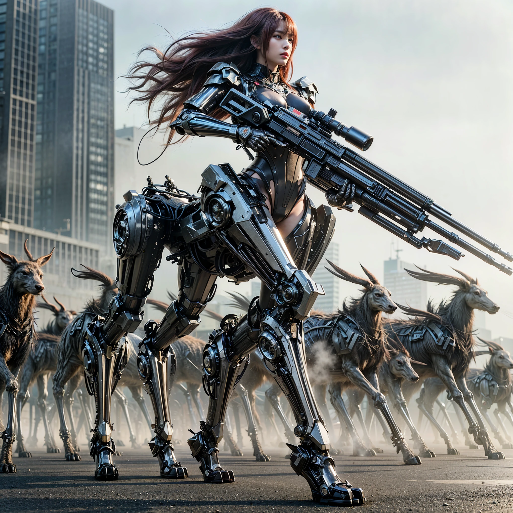 ultra high res,8k,(Photorealsitic:1.4), (beast-like animal wear:1.2), designed by Hajime Katoki,heavy weapons,metallic textures,animal legs, (red hair), japanese female soldier,(ultra beautiful face),((super realistic all textures)), ((super intricate all details)), full body shot, ultra sharp photo result, Acrylic Clear Cover, Hydraulic cylinder, style, taken with Fuji film X-T30+Nokton. HDR10,Minimum of 4 pieces created