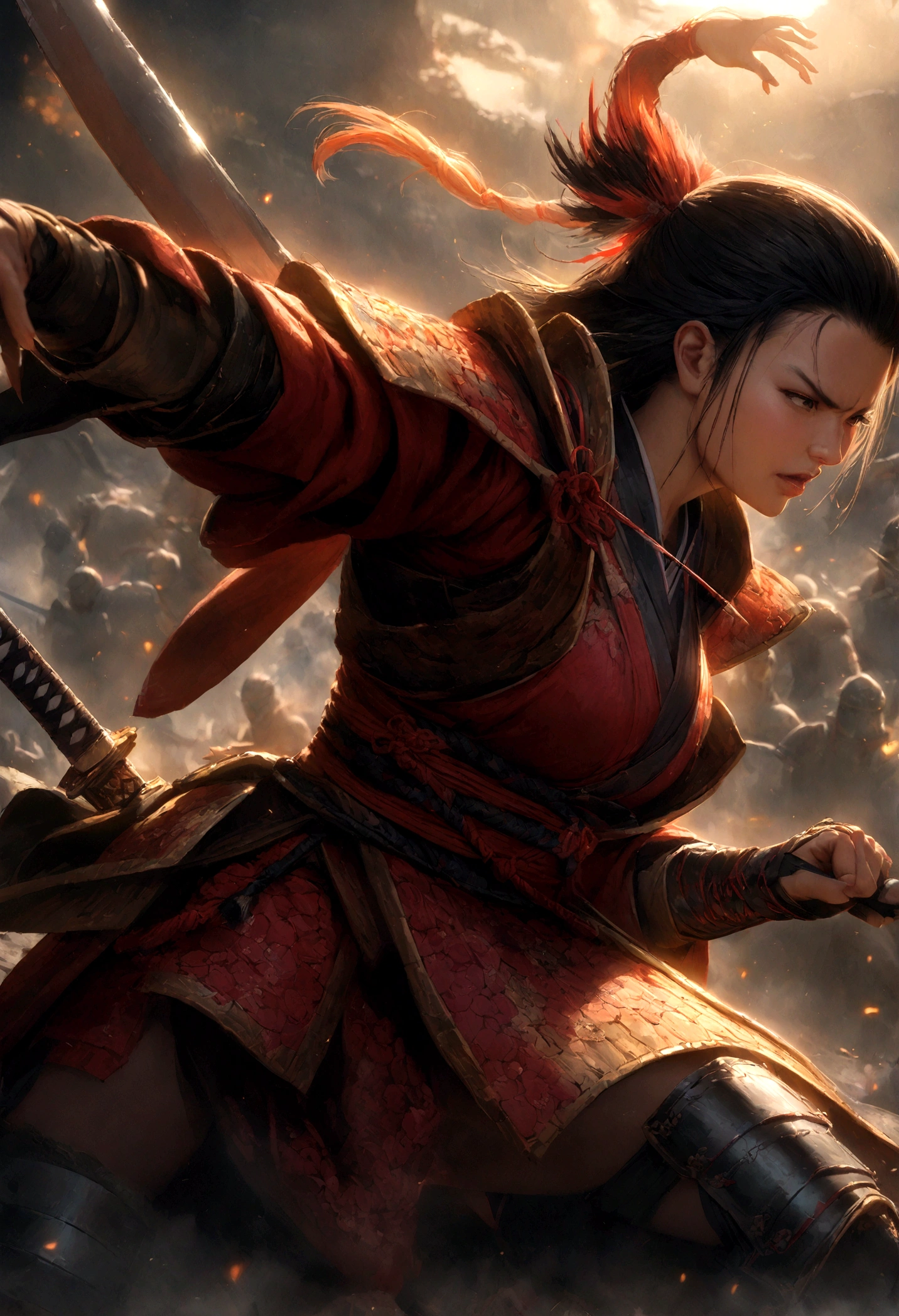 mulher samurai,samurai woman,female samurai,samurai in battle,medieval japanese warrior,katana,long sword,battle scene,ancient japan,traditional japanese armor,detailed armor,armored warrior,war,combat,dramatic pose,fierce expression,cinematic lighting,vibrant colors,digital art,concept art,intricate details,ultra-detailed,8k,photorealistic,cinematic lighting,vibrant colors