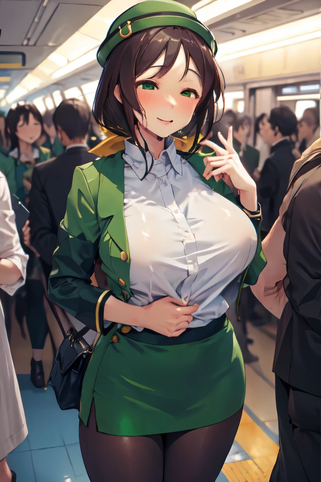 masterpiece, highest quality, 1 person,( Large Breasts, Are standing, View Audience),Detailed Background、A person who writes in detail、Accurate human body、Knowledgeable person、Five correct answers、Mature Woman,Thick thighs,cruvy body,solo,hayakawa tazuna, Low Ponytail, Green hat, Green jacket, Green Skirt,Black Pantyhose、Short tight skirt、dripping pussy juice、Train molester,((My chest is grabbed from behind))、Being molested、Pretending not to know、((男性の腕がMature Womanのおっぱいを掴む))、(Mature Womanの後ろにたくさんの男性がAre standing)、Crowded train、Narrow train、Open jacket