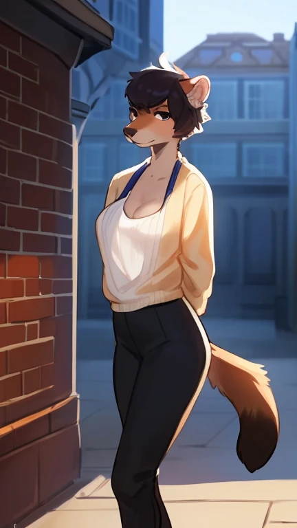 By bebebebebe, by lostgoose, by goonie-san, solo, female, standing, weasel, slim, weak, ((detailed eyes, snout, hair)), short hair, nervous, shy, hands behind back, tan sweater, black dress, black leggings, looking at viewer, historic campus, at academy, brown brick building, overcast, curvy, cleavage, adult