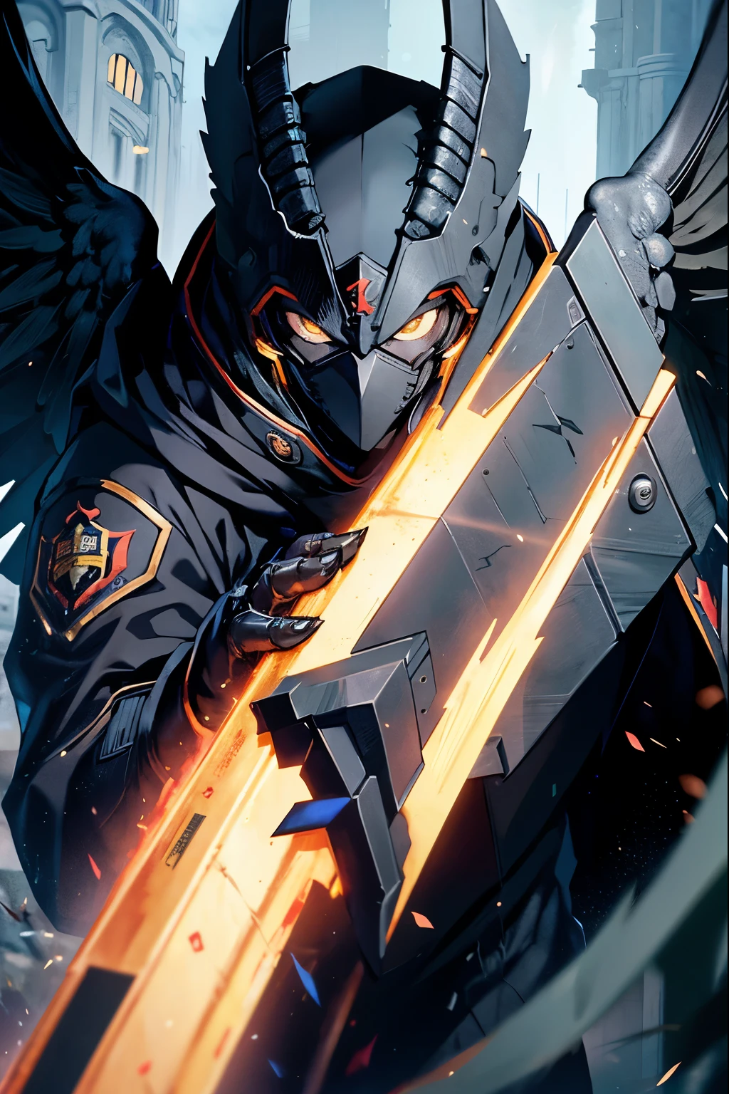 man, anime, with a black coat, black and dark blue cape, lizardman, technological, 4k, very detailed face, detailed hands, wings, mask dellart capitano,wings more centered on the character, wings large
