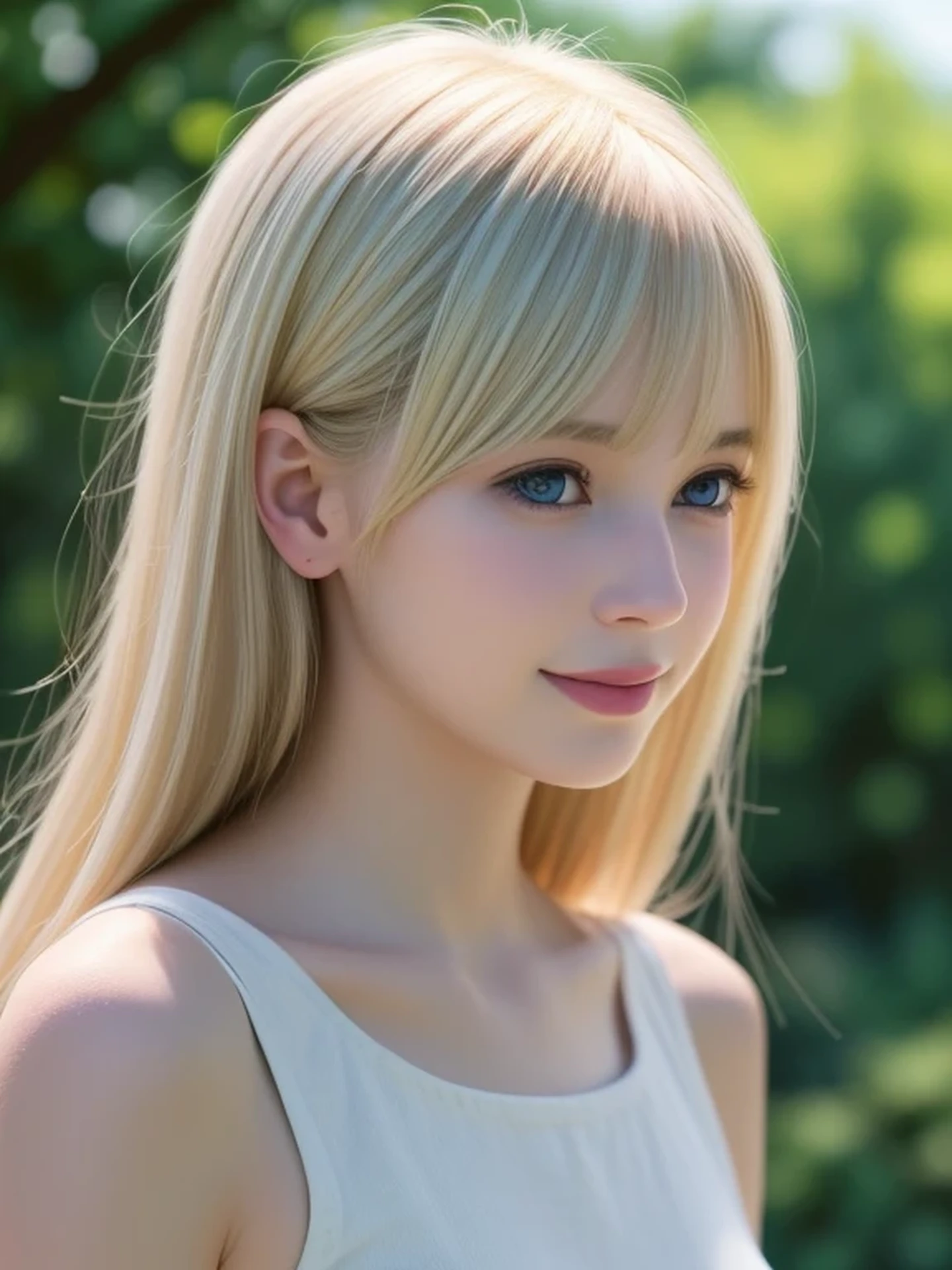 (looking away:1.4), (upper body shot:1.2), Realistic digital painting of a woman portrait, Shy, Cute Smile, blue eyes, (medium Blonde Hair:1.3), bangs, (Highly detailed skin:1.2), Mystical style, Global Illumination,