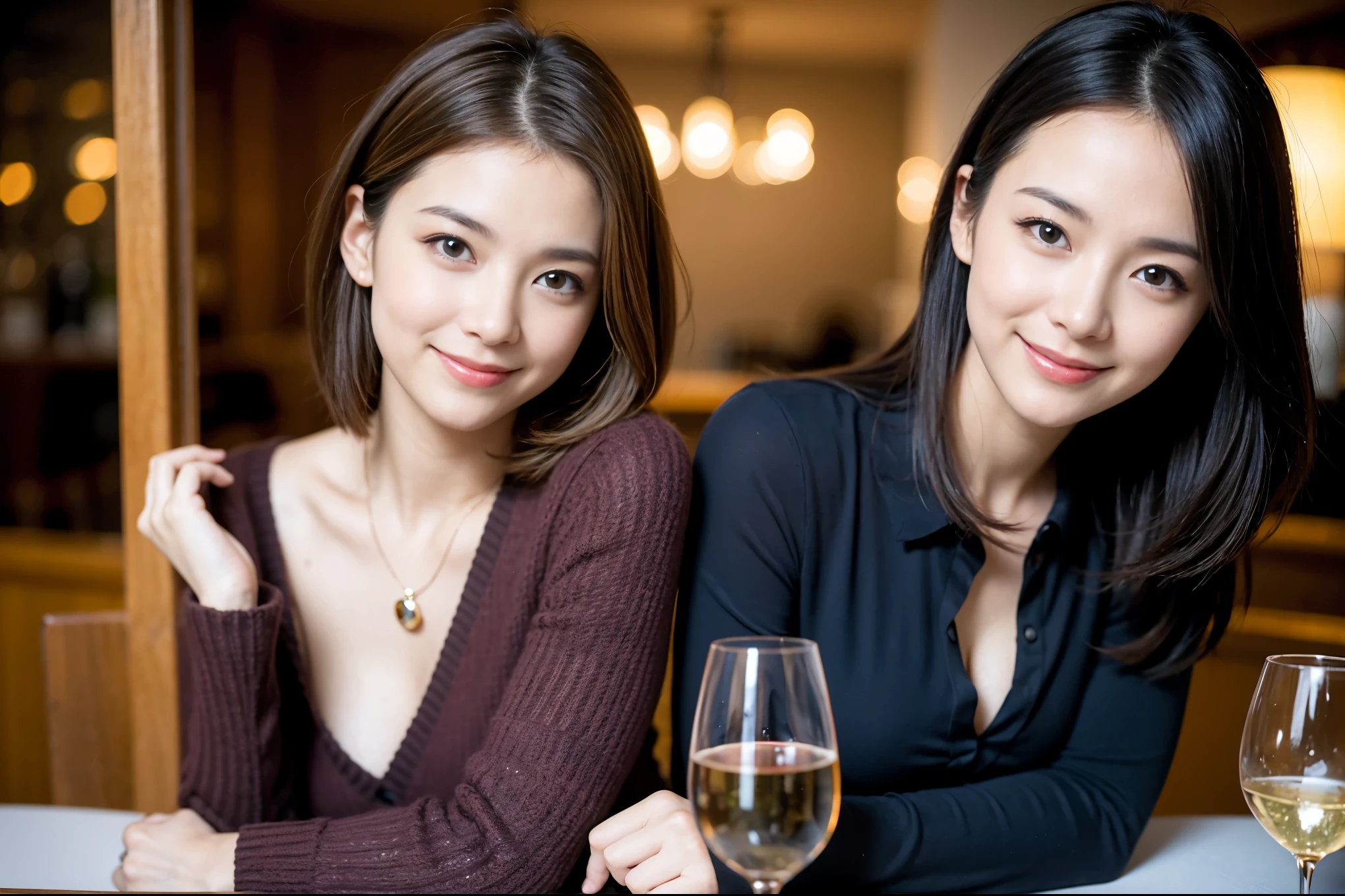 ((highest quality、8k、masterpiece:1.3))、1 male、1 female、石原さとみ似美女Couple、Spouse、Couple、The body is slim、((Bob Hale、Straight hair:1.2)), (Realistic, Intricate details:1.2), テーブルの上のwine glass、Shine light on your face、 Amazing view of the sunset sky and clouds、Amazing mountain views、A bright smile、The wonderfulness of smile、Bright image、The beauty of wine, Beautiful Face, blue eyes, The light shines on your face, Blushing, short hair,Bright Face、 (Age 37), "43 years old, red wine 、Appetizers、Italian food、Wine bottle、Champagne、sparkling wine、Two beauties、Brown Hair、Shortcuts、Long sleeve shirt、dress、Pretty Woman 1, (slimな顔), (The body is slim), (Brown Hair), (Shortcuts), cheeks turn a little red,Attractive beauty、restaurant, In a prominent place (From the waist up) Nova Frog Style, actress, model, Upper Body, White wine, slim, wine glass, 中央に置かれたwine glass, smile, (smile: 1.15), Beautiful fine grain, Depth f/2,saturation, High Contrast, Strong light and shadow,Moist Body:1.5、3D texture、Delicate eyes、Brown Hair、The hair is very shiny、