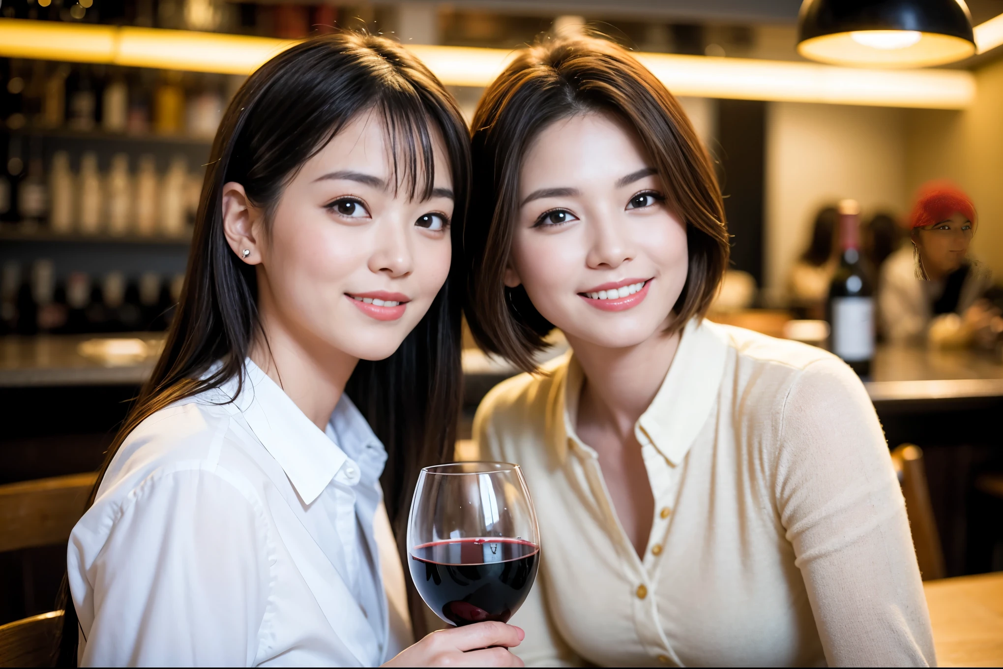 ((highest quality、8k、masterpiece:1.3))、1 male、1 female、石原さとみ似美女Couple、Spouse、Couple、The body is slim、((Bob Hale、Straight hair:1.2)), (Realistic, Intricate details:1.2), テーブルの上のwine glass、Shine light on your face、 Amazing view of the sunset sky and clouds、Amazing mountain views、A bright smile、The wonderfulness of smile、Bright image、The beauty of wine, Beautiful Face, blue eyes, The light shines on your face, Blushing, short hair,Bright Face、 (Age 37), "43 years old, red wine 、Appetizers、Italian food、Wine bottle、Champagne、sparkling wine、Two beauties、Brown Hair、Shortcuts、Long sleeve shirt、dress、Pretty Woman 1, (slimな顔), (The body is slim), (Brown Hair), (Shortcuts), cheeks turn a little red,Attractive beauty、restaurant, In a prominent place (From the waist up) Nova Frog Style, actress, model, Upper Body, White wine, slim, wine glass, 中央に置かれたwine glass, smile, (smile: 1.15), Beautiful fine grain, Depth f/2,saturation, High Contrast, Strong light and shadow,Moist Body:1.5、3D texture、Delicate eyes、Brown Hair、The hair is very shiny、